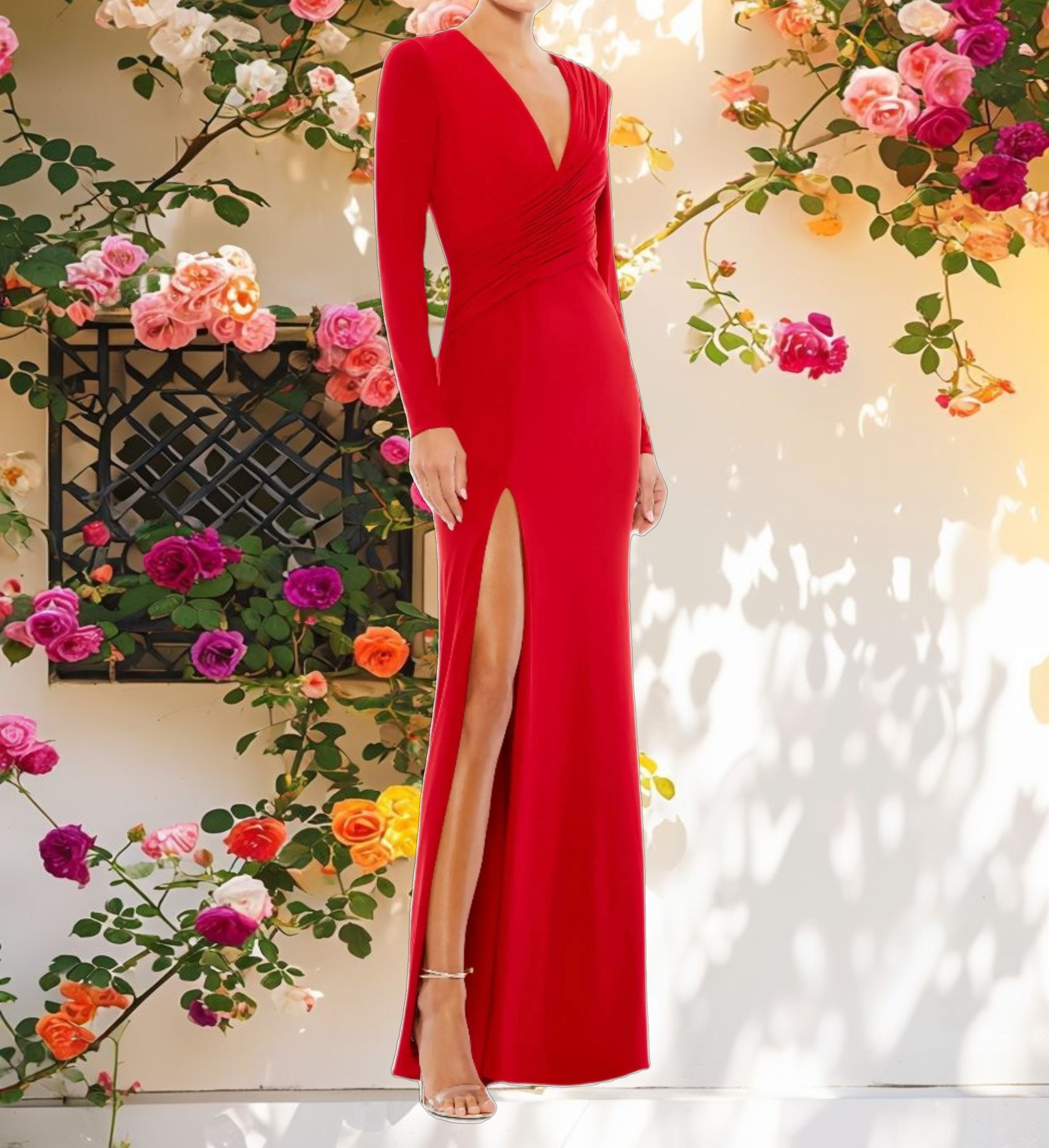 Red Long Sleeve Asymmetrical Ruched Dress