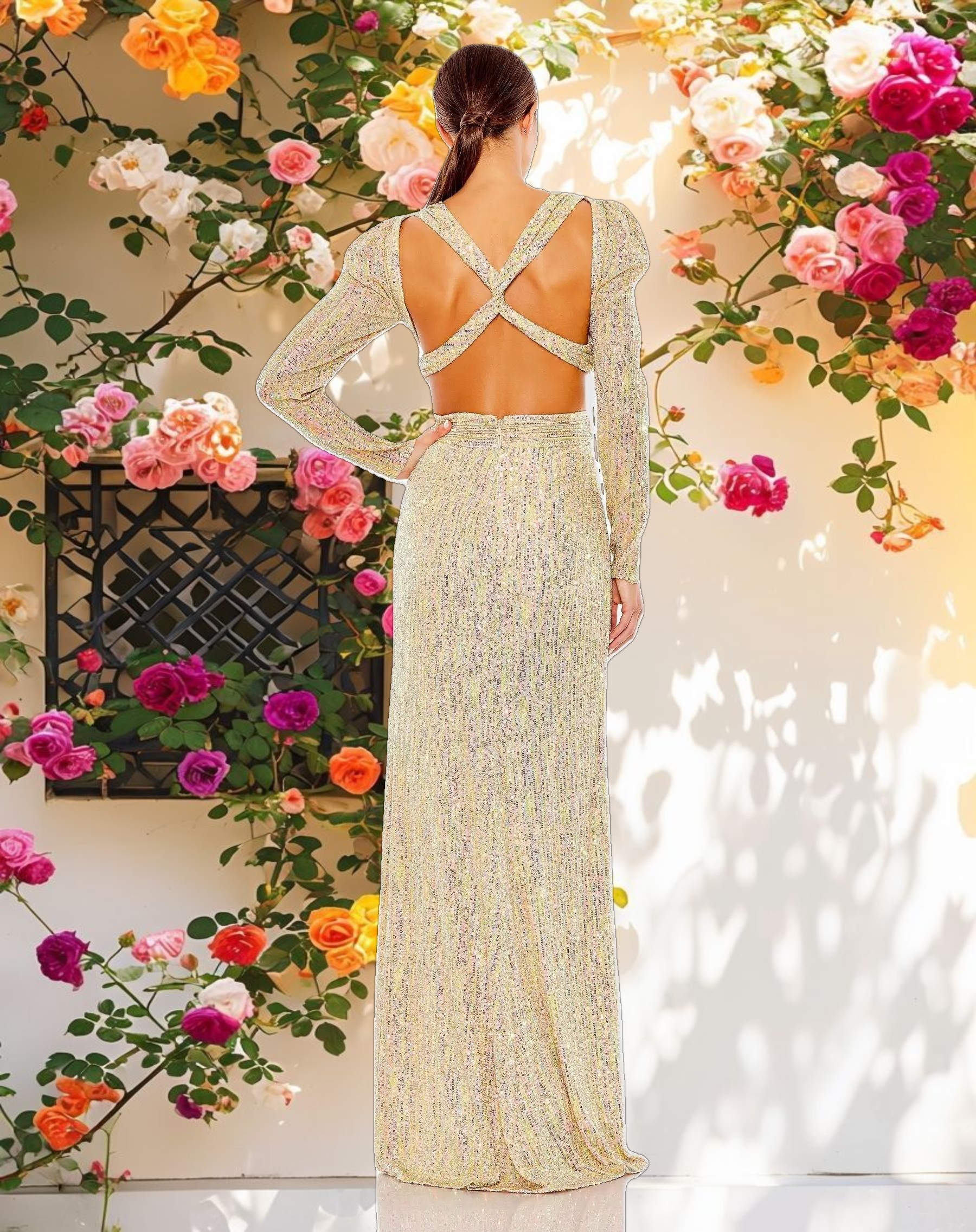 Shimmering Puff Sleeve Front Cut Out Dress