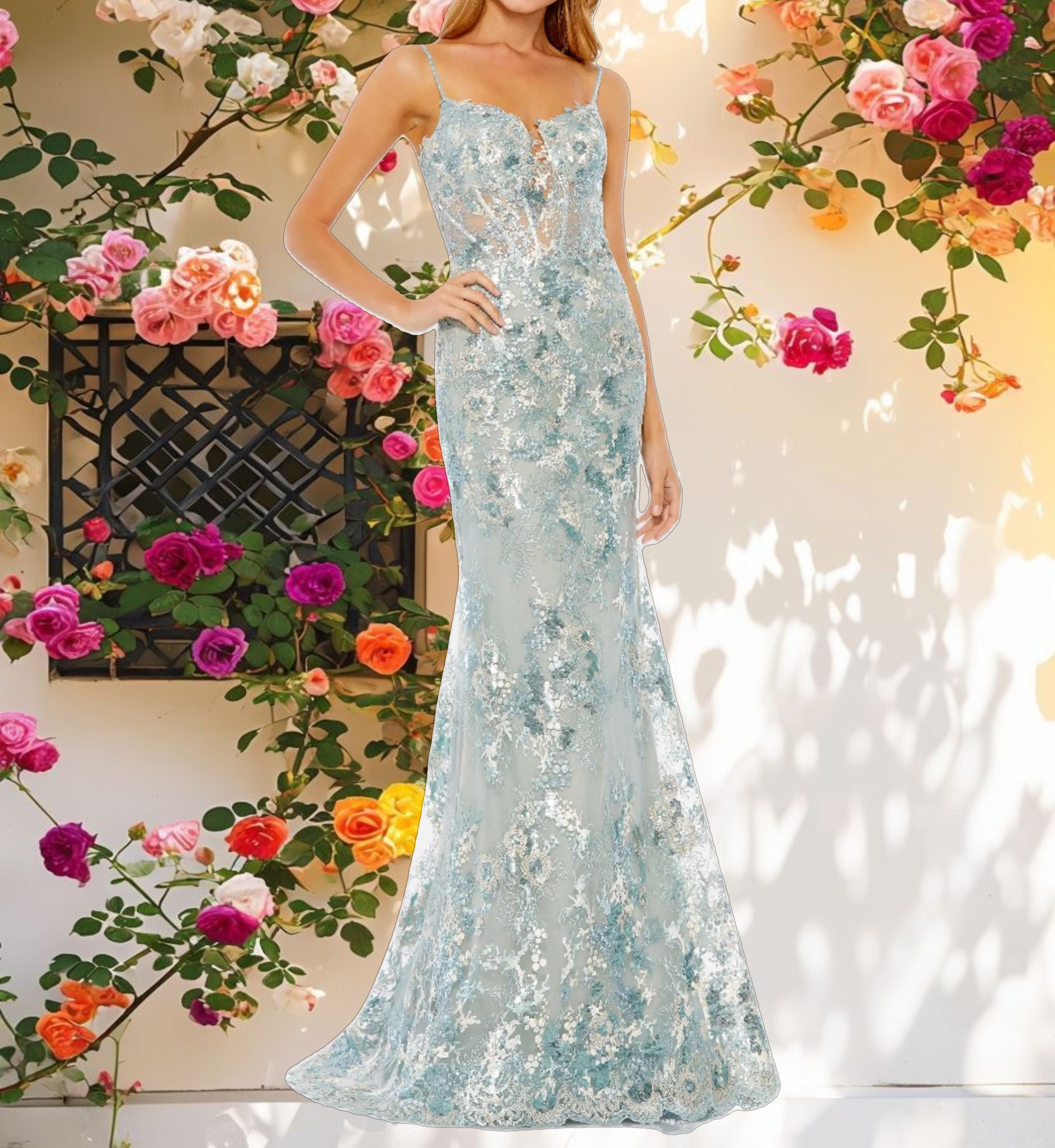 Blue Embroidered Spaghetti Strap Trumpet Gown
