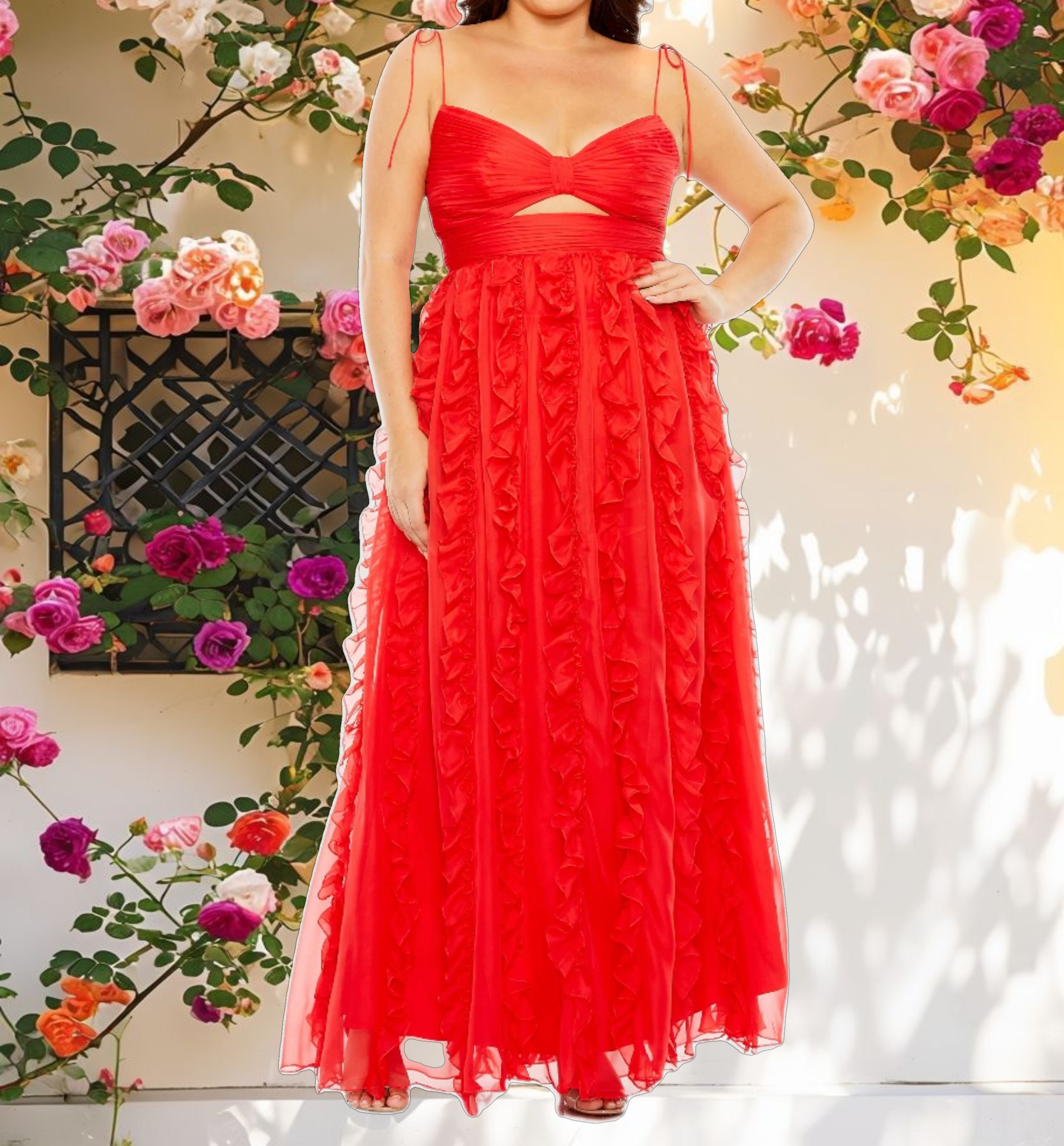 Red Keyhole Detail Chiffon Sleeveless Gown