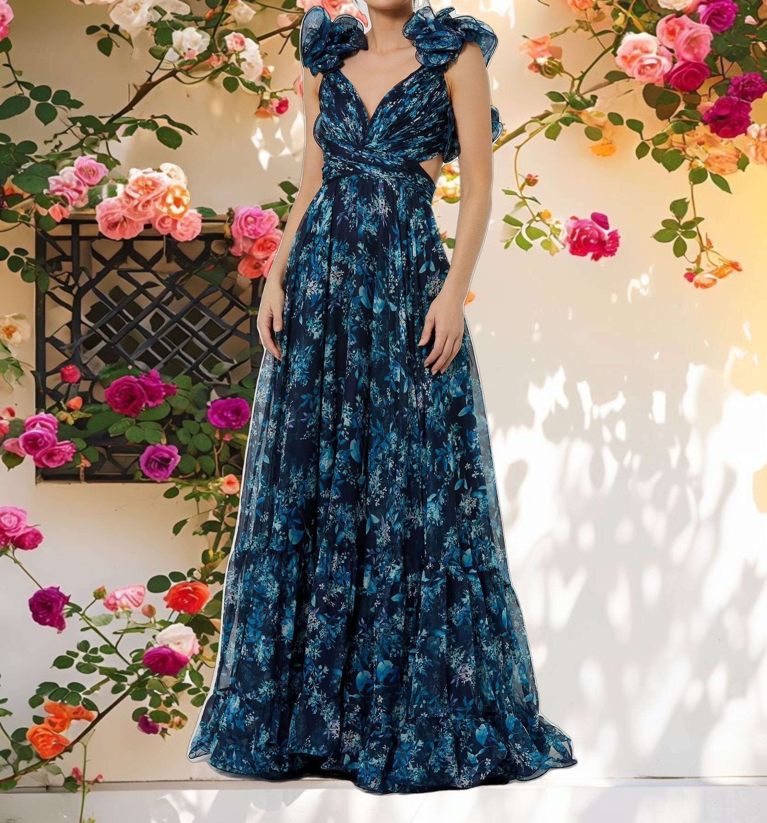 Navy Tiered Floral Cut Out Chiffon Gown
