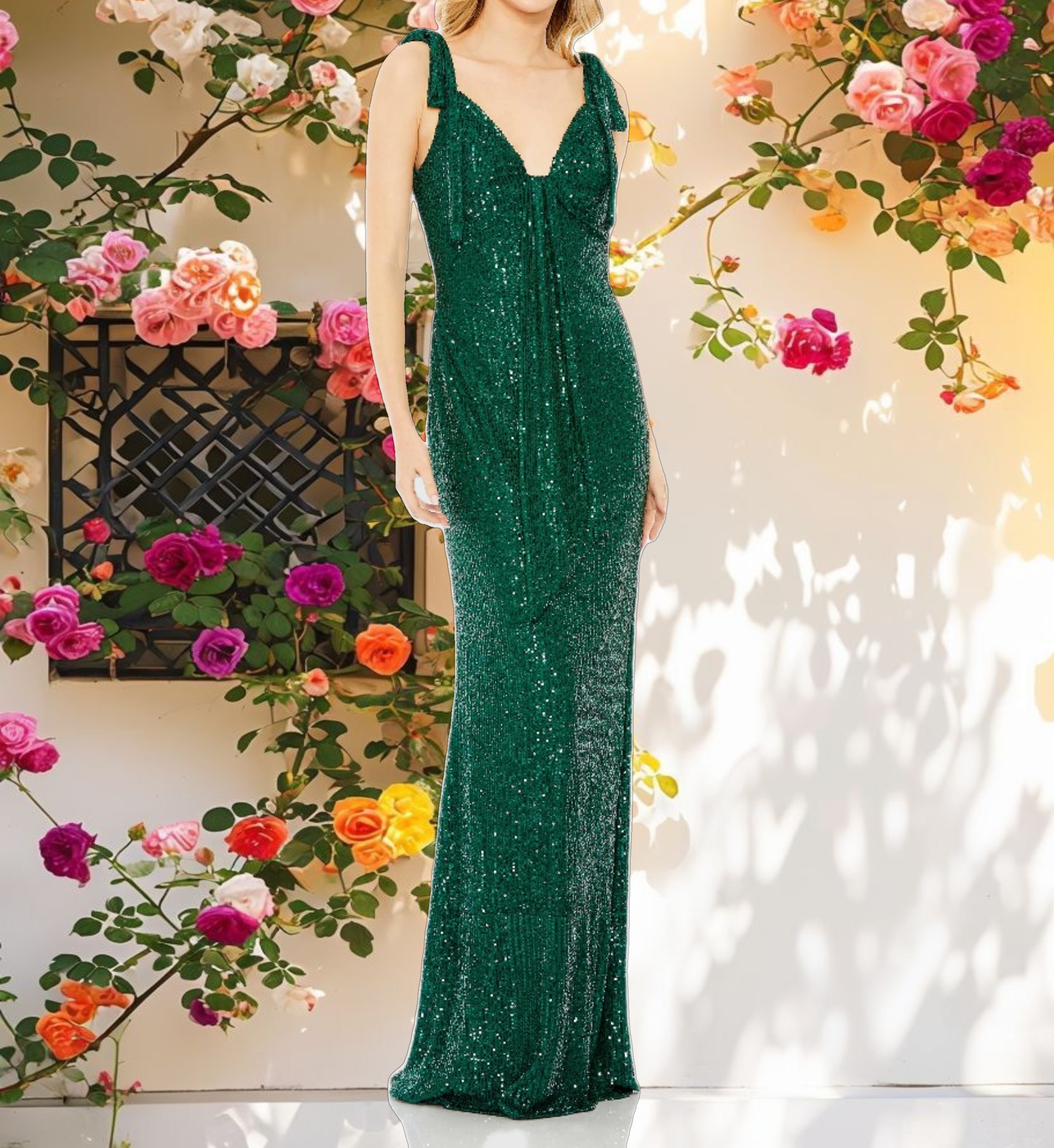 Sequined Low Back Bow Shoulder Gown