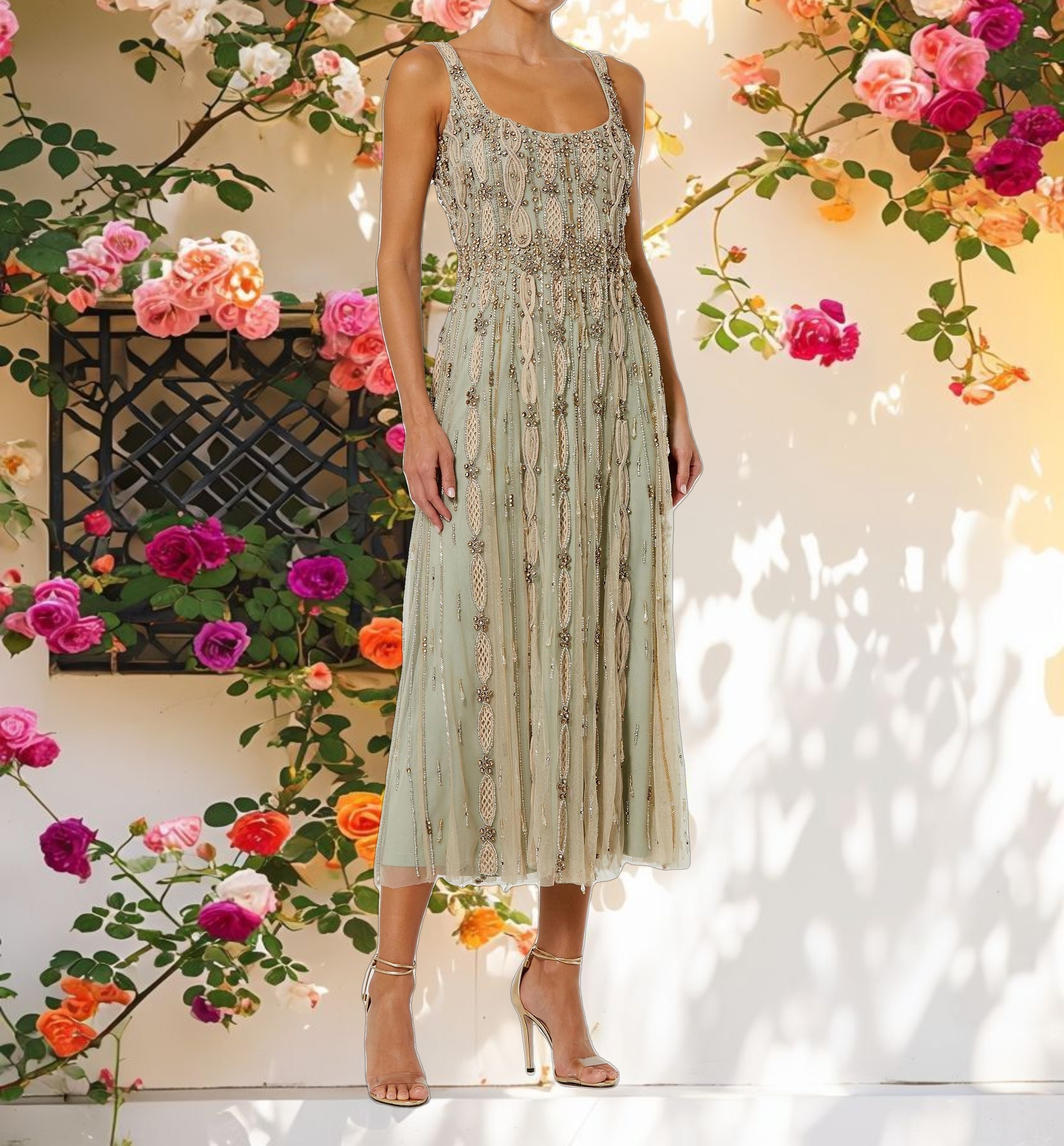 Green Embellished Mesh Sleeveless Scoop Neck Midi Dress