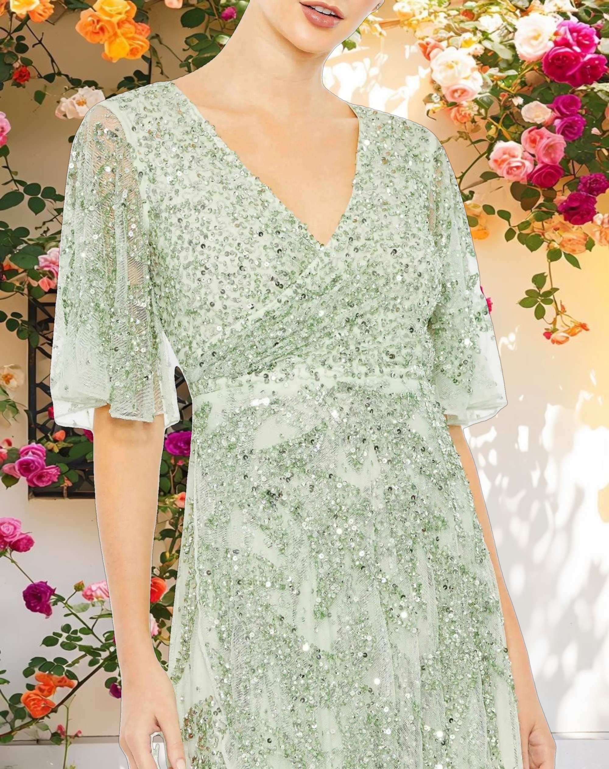 Elegant Sequined Butterfly Sleeve High Low Gown