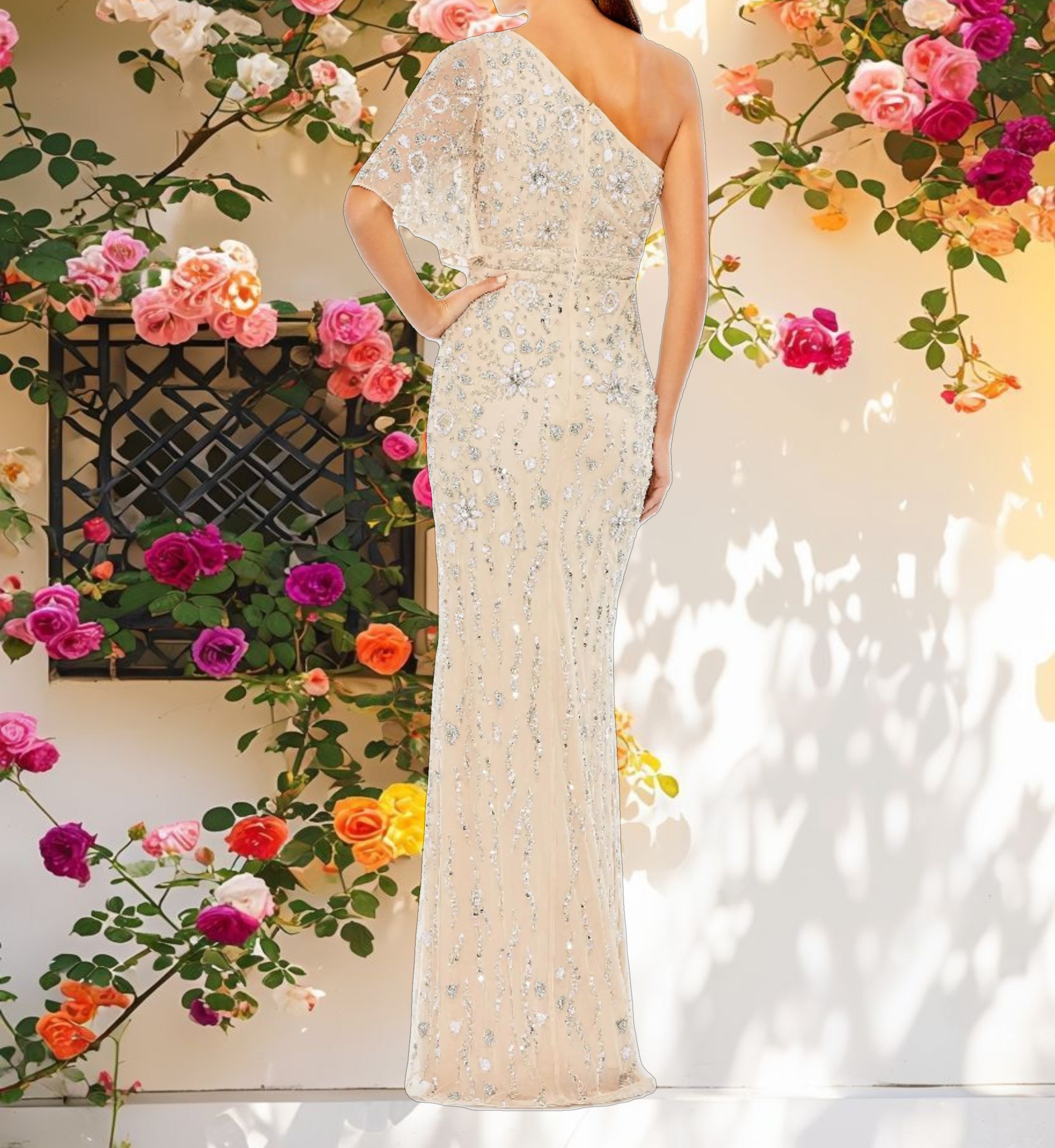 Beige Embellished One Shoulder Draped Gown