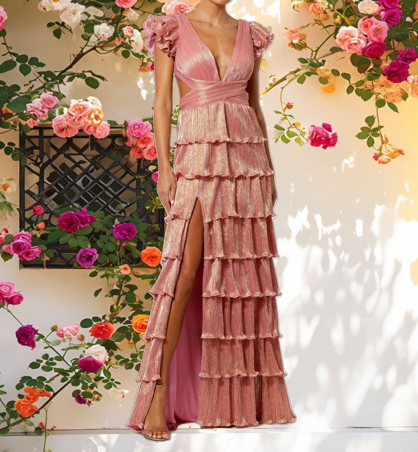 Pink Ruffle Tiered Criss Cross Lace Up Gown