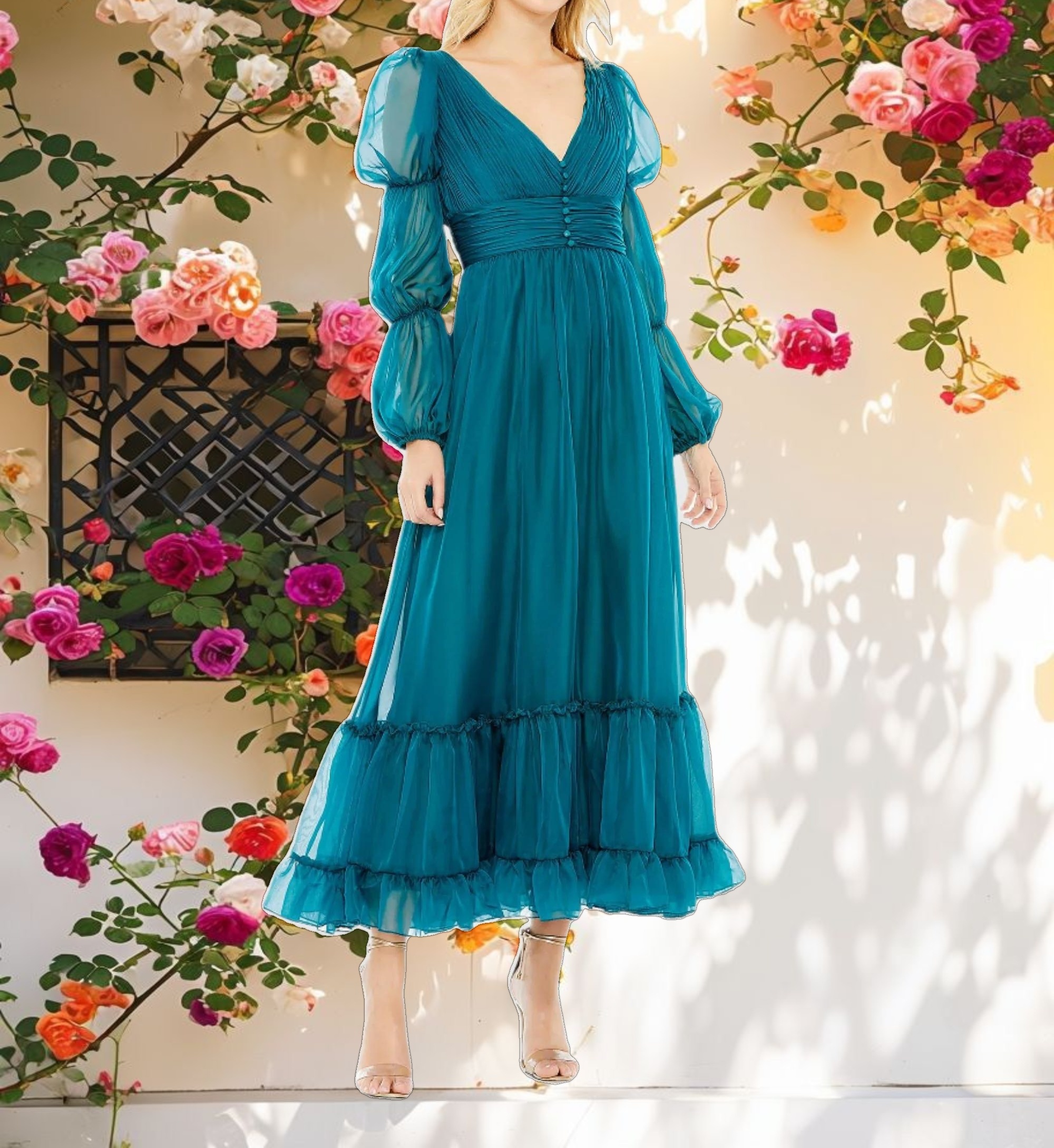 Teal Chiffon Ruched Tiered Puff Sleeve A Line Dress