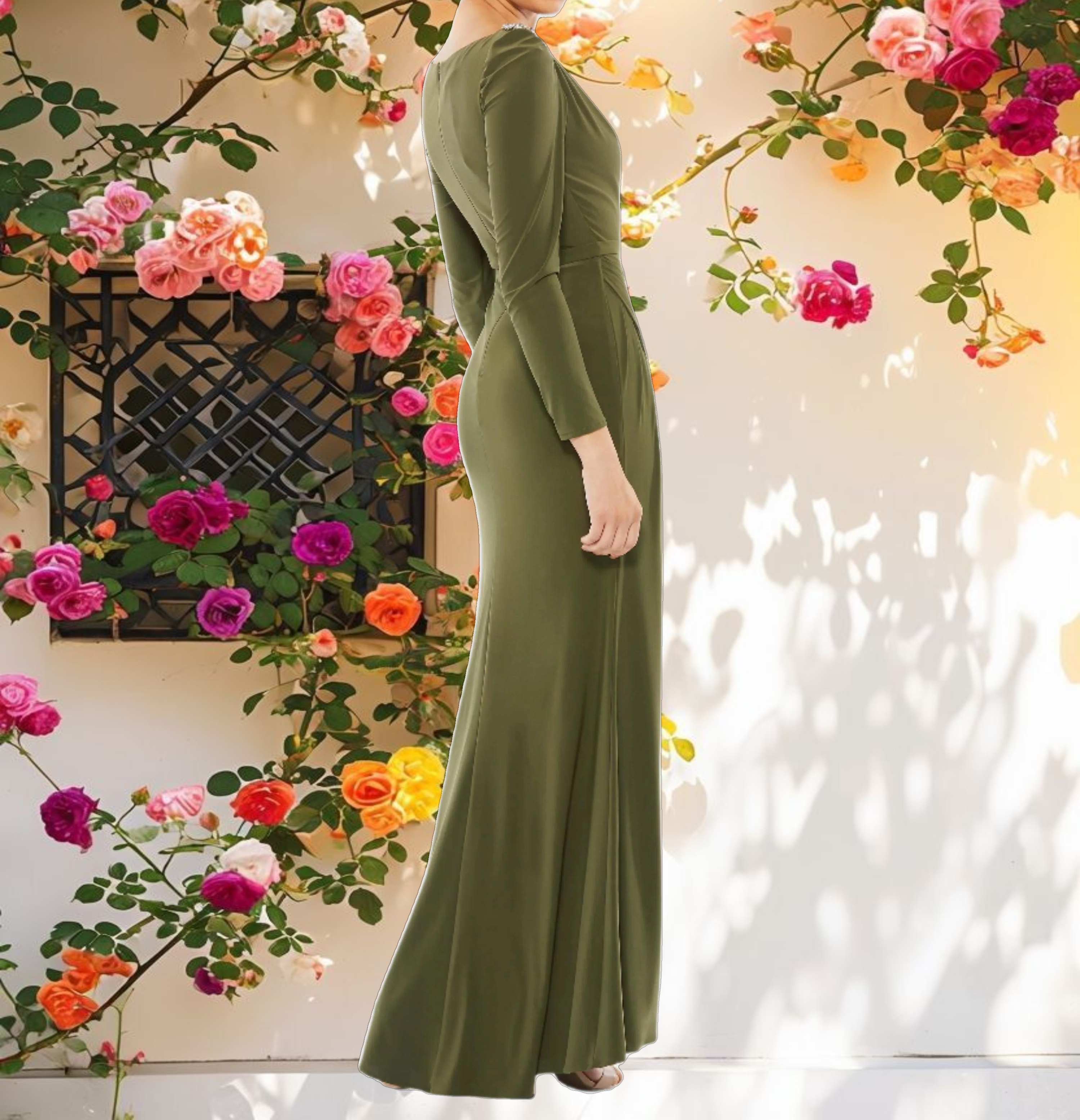 Draped Bateau Long Sleeve Trumpet Gown