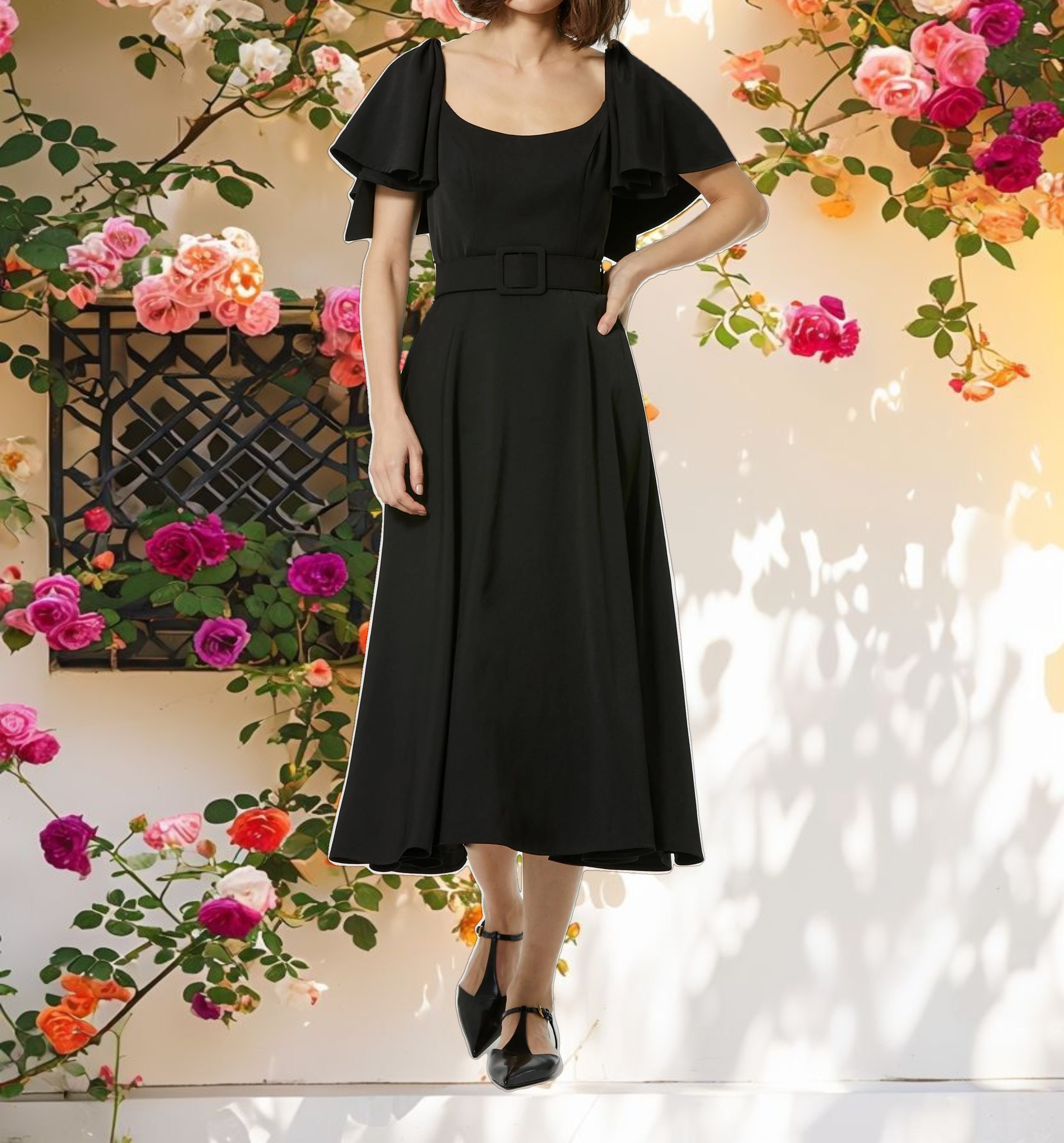 Black Crepe Ruffle Sleeve Midi Dress With Belt