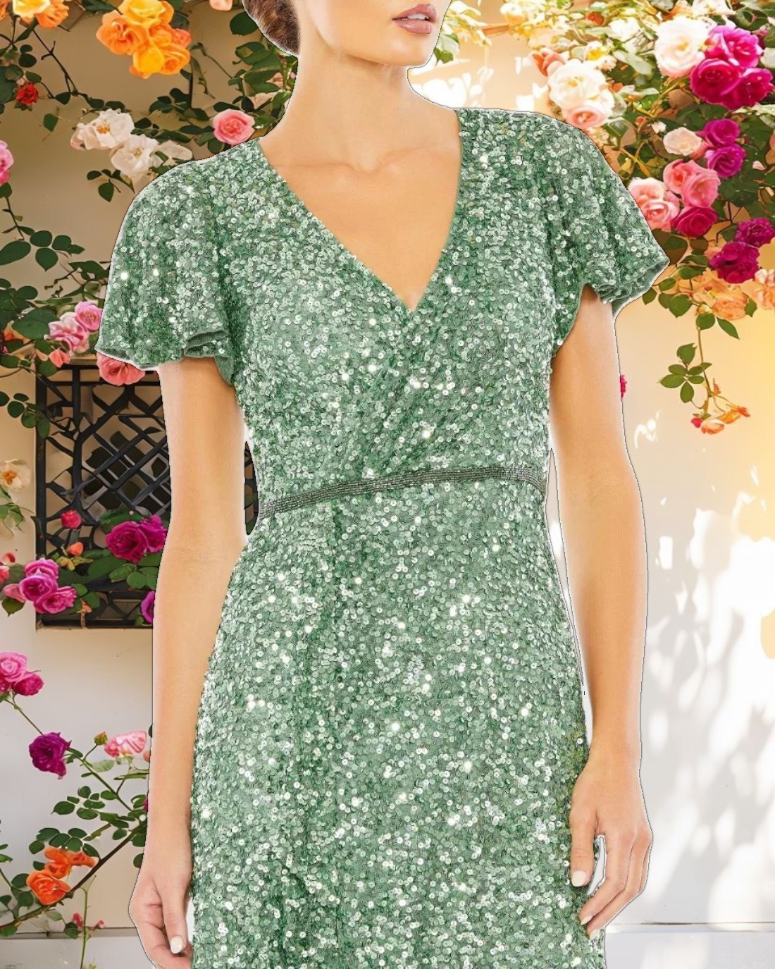 Shiny Wrap Over Butterfly Sleeve Dress