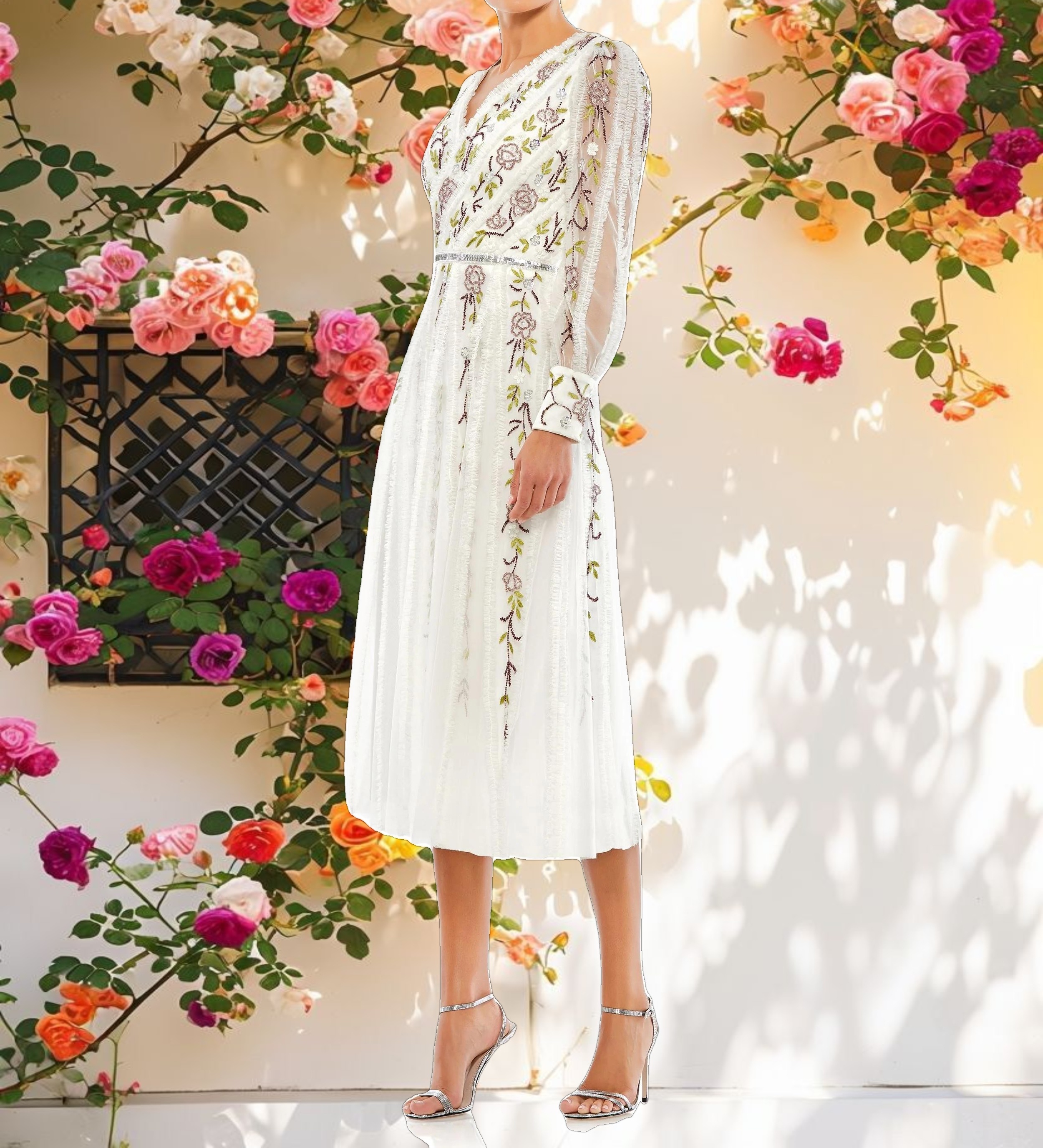 White Long Sleeve Embroidered Wrap Midi Dress