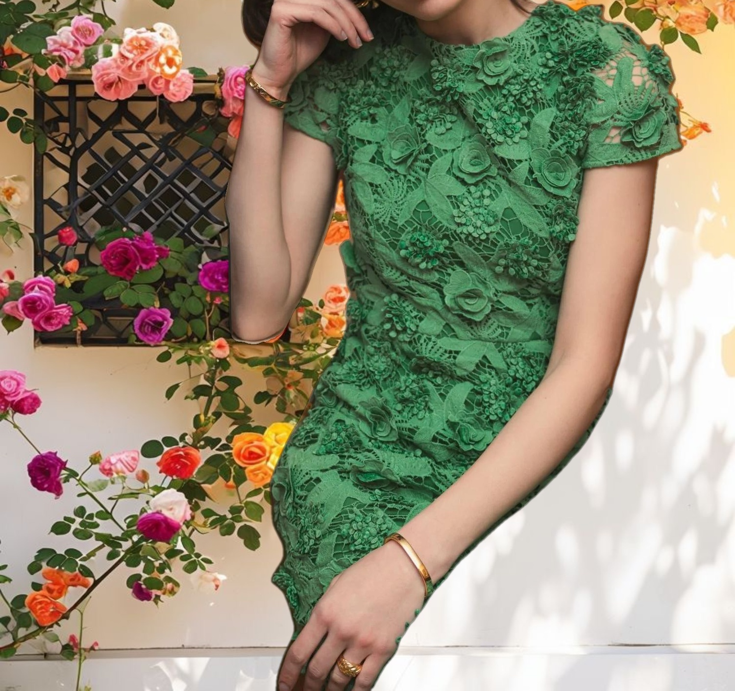 Floral Lace Fitted Midi Dress