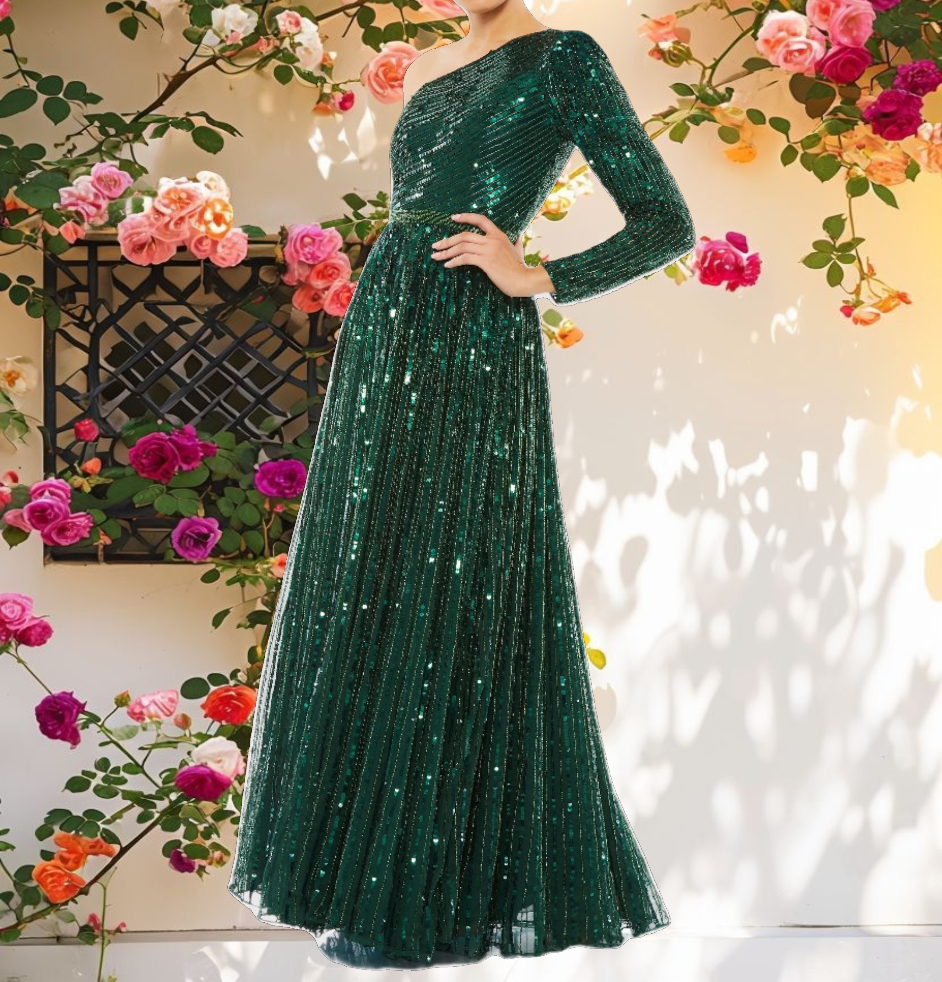 Green Sequined One Shoulder A Line Gown