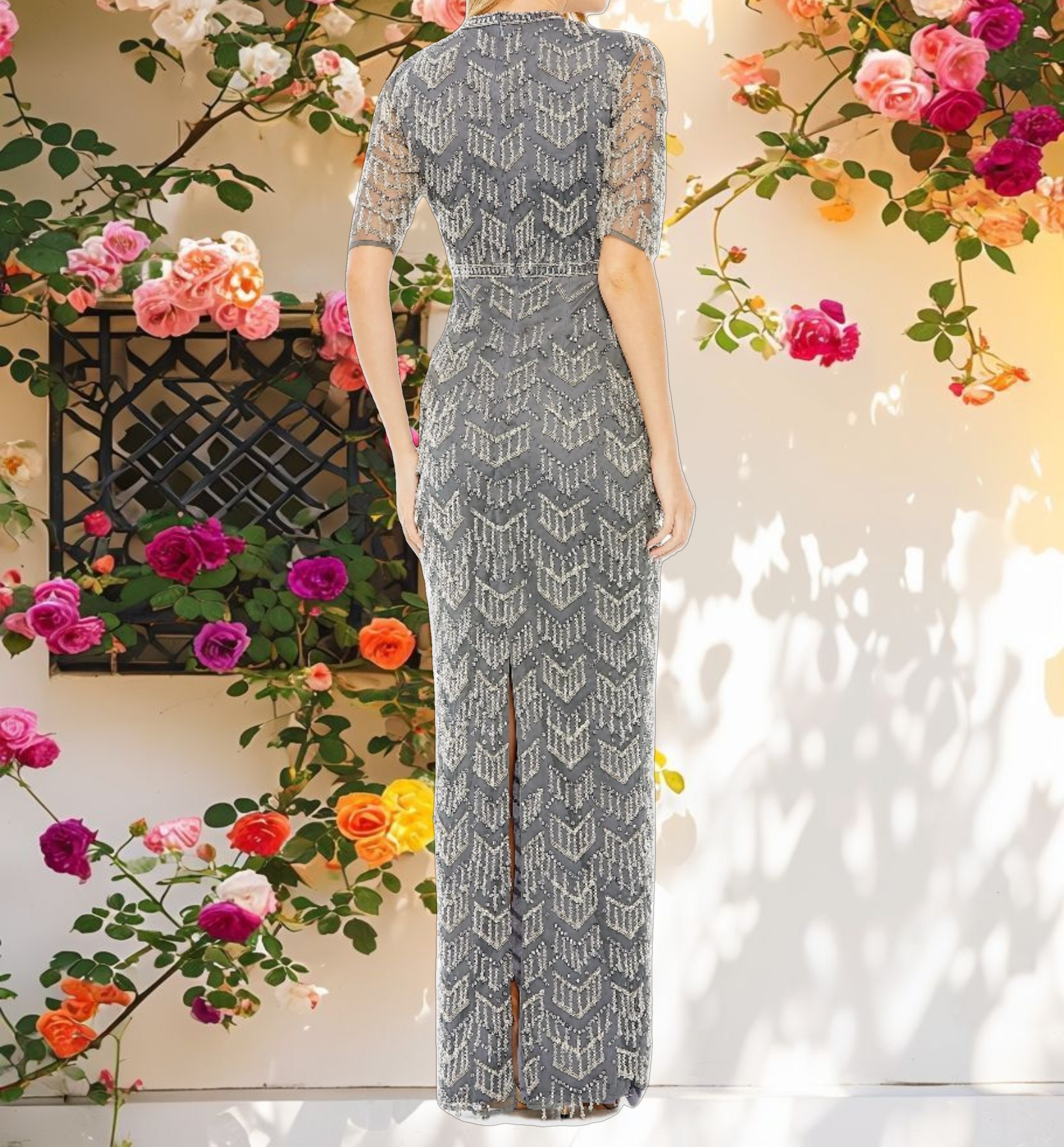 Beaded Fringe Quarter Sleeve Column Gown