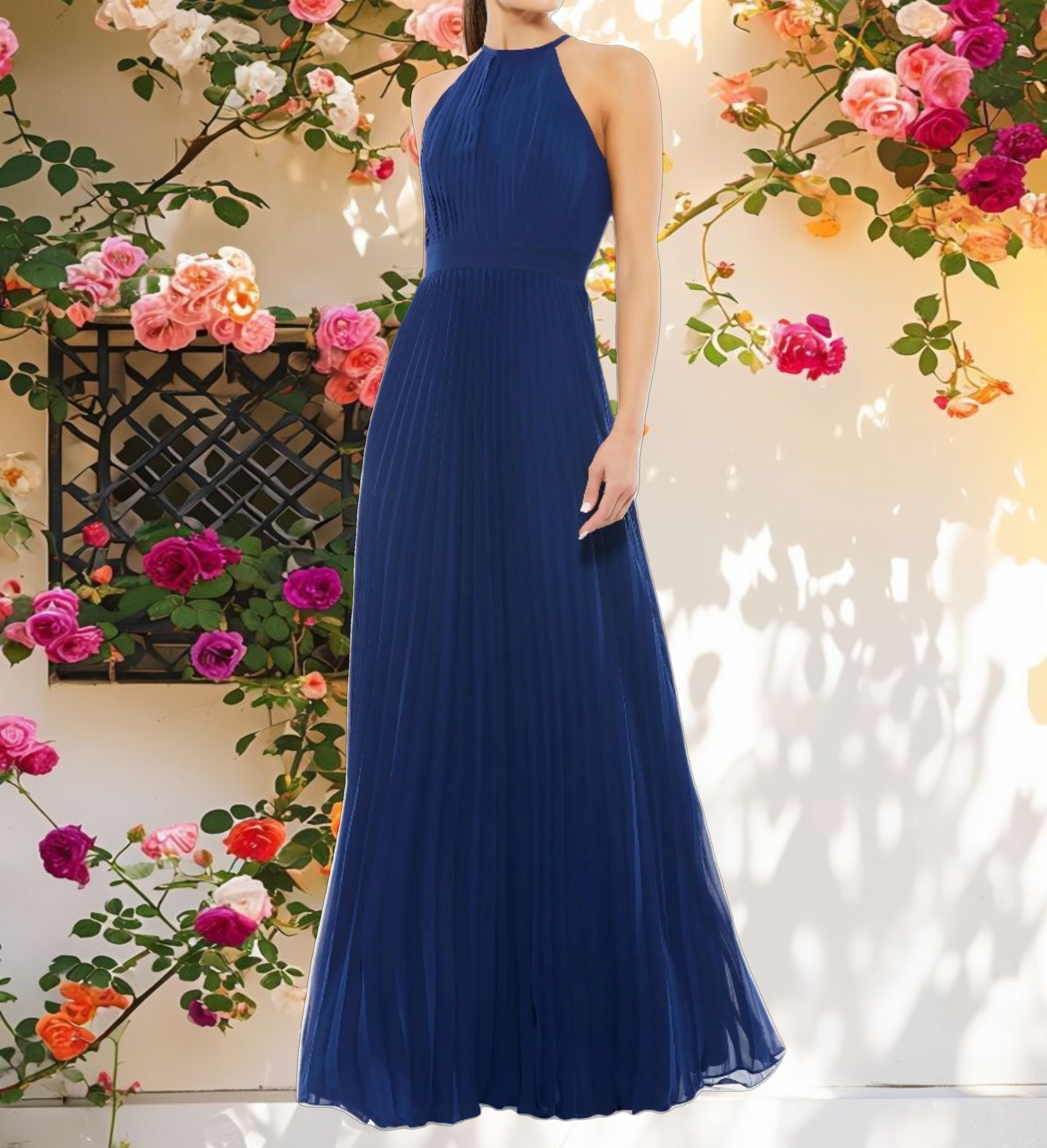 Navy Pleated Halter Neck Flowy Gown