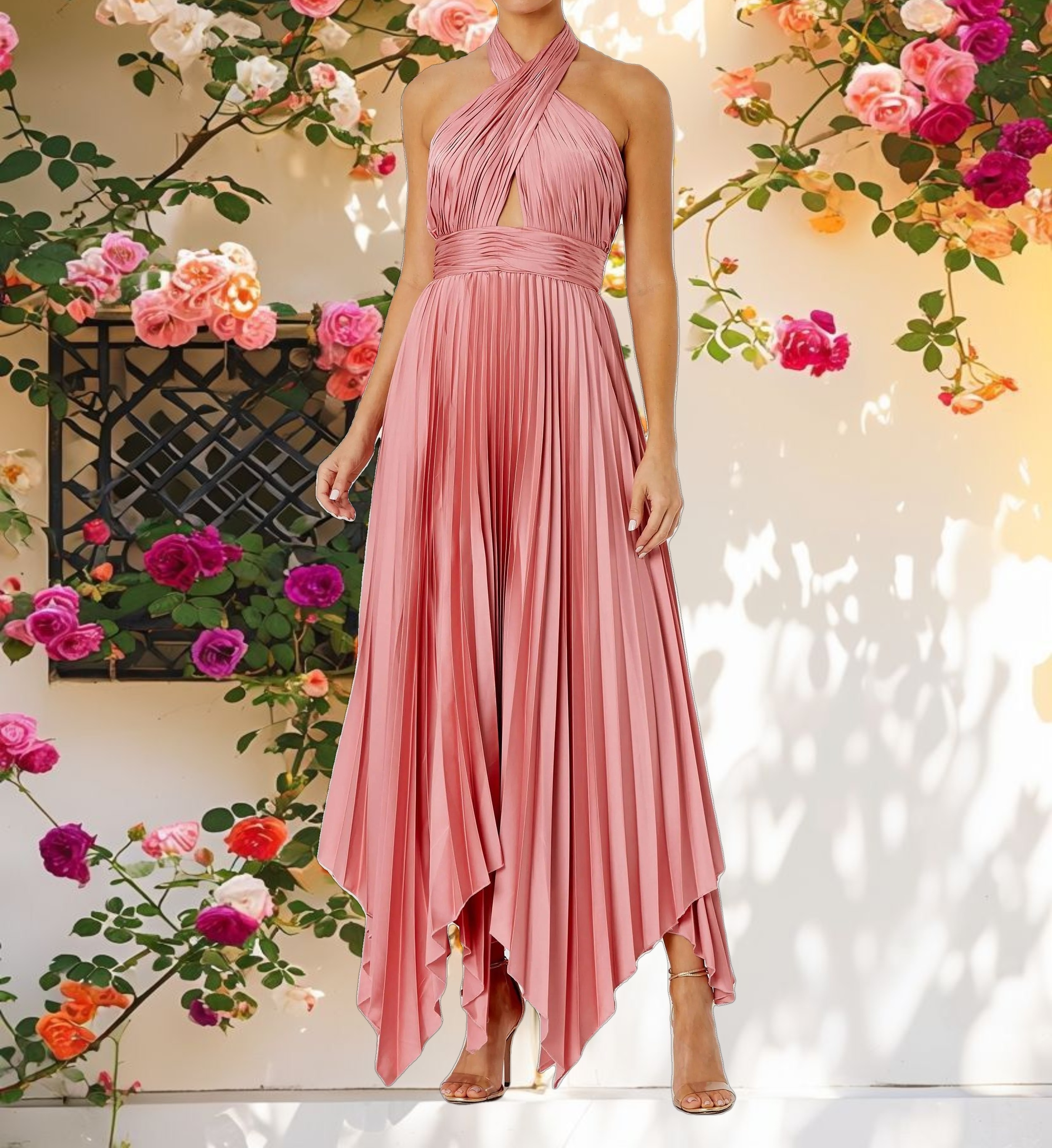 Pink Pleated Halter Neck Asymmetrical Hem Gown