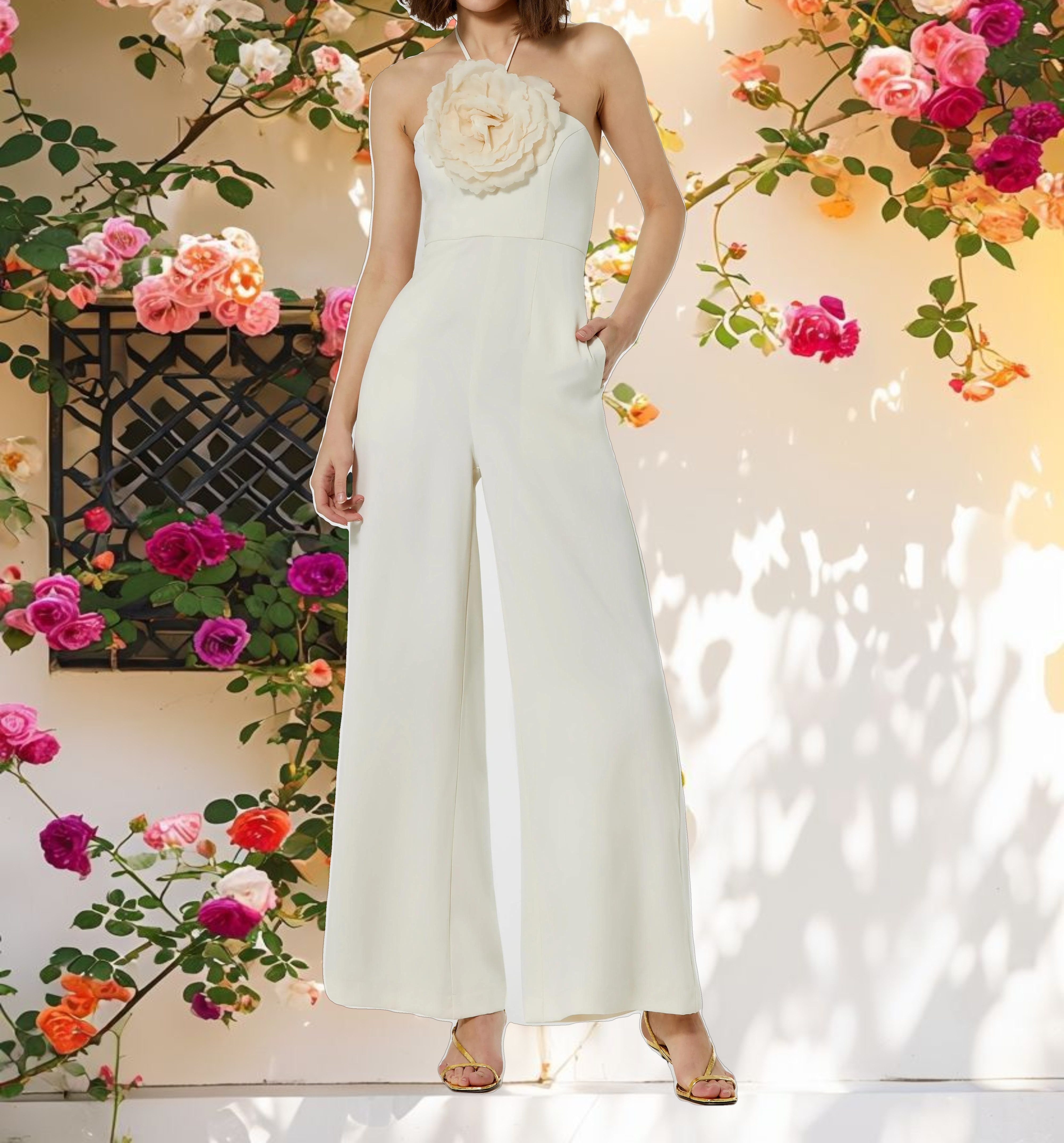 Halter Neck Crepe Jumpsuit With Flower