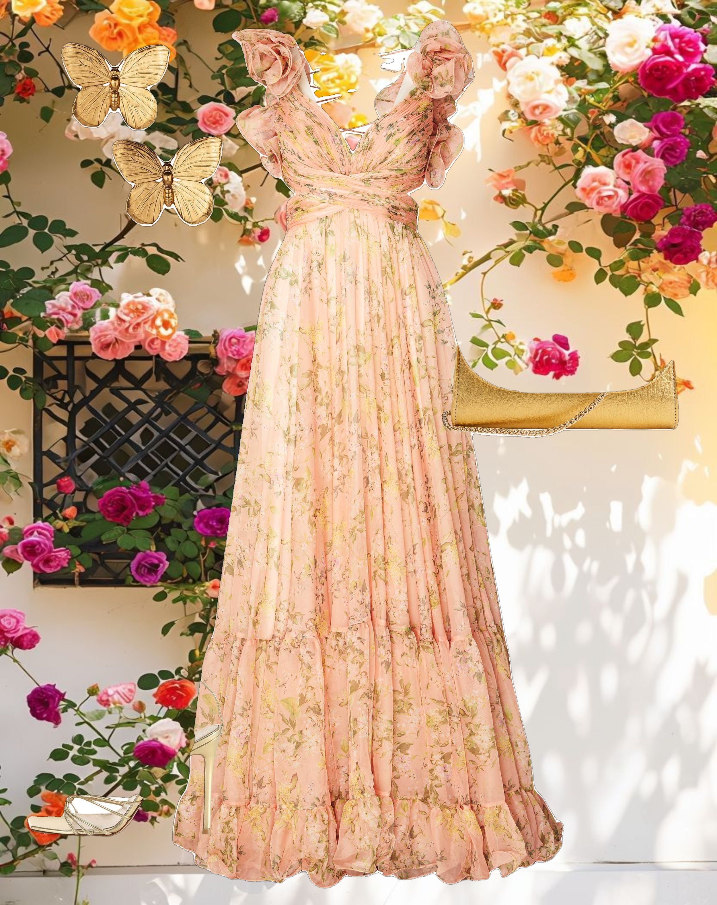 Ruffle Tiered Floral Cut Out Chiffon Gown