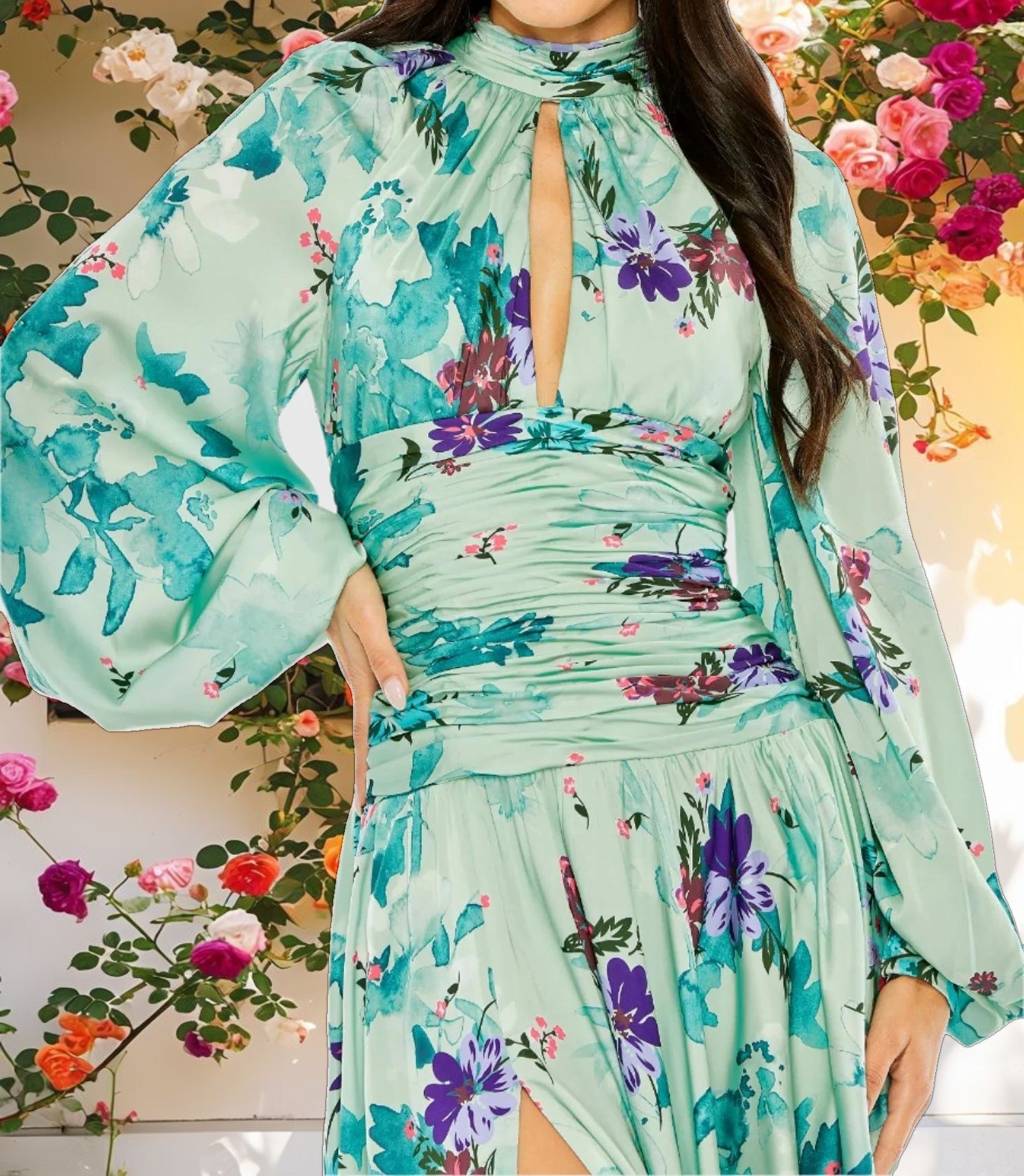 Green Keyhole Satin Long Sleeve Floral Gown