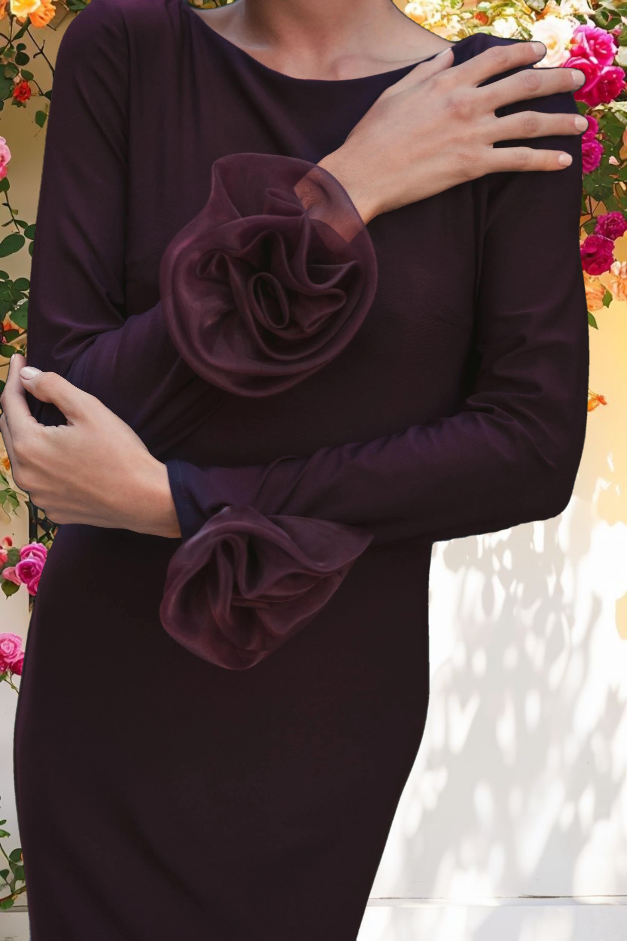 Purple Long Sleeve Fitted Jersey Gown With 3D Flowers