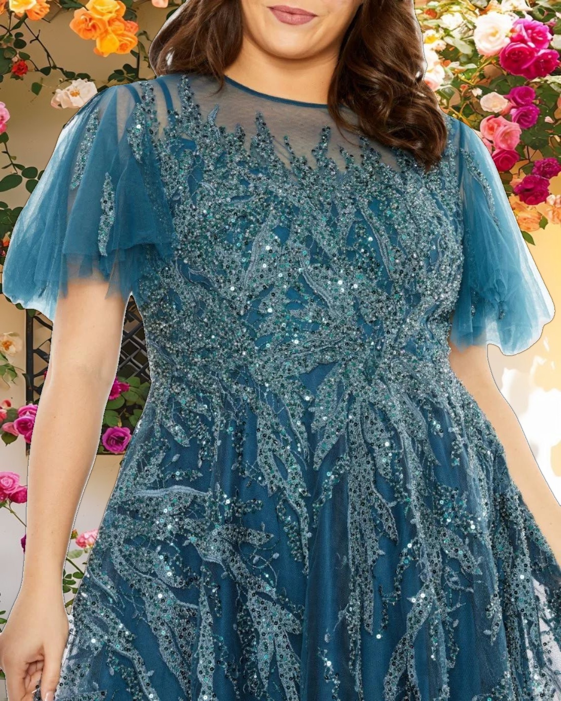 Blue High Neck Flutter Sleeve Embellished A Line Dress