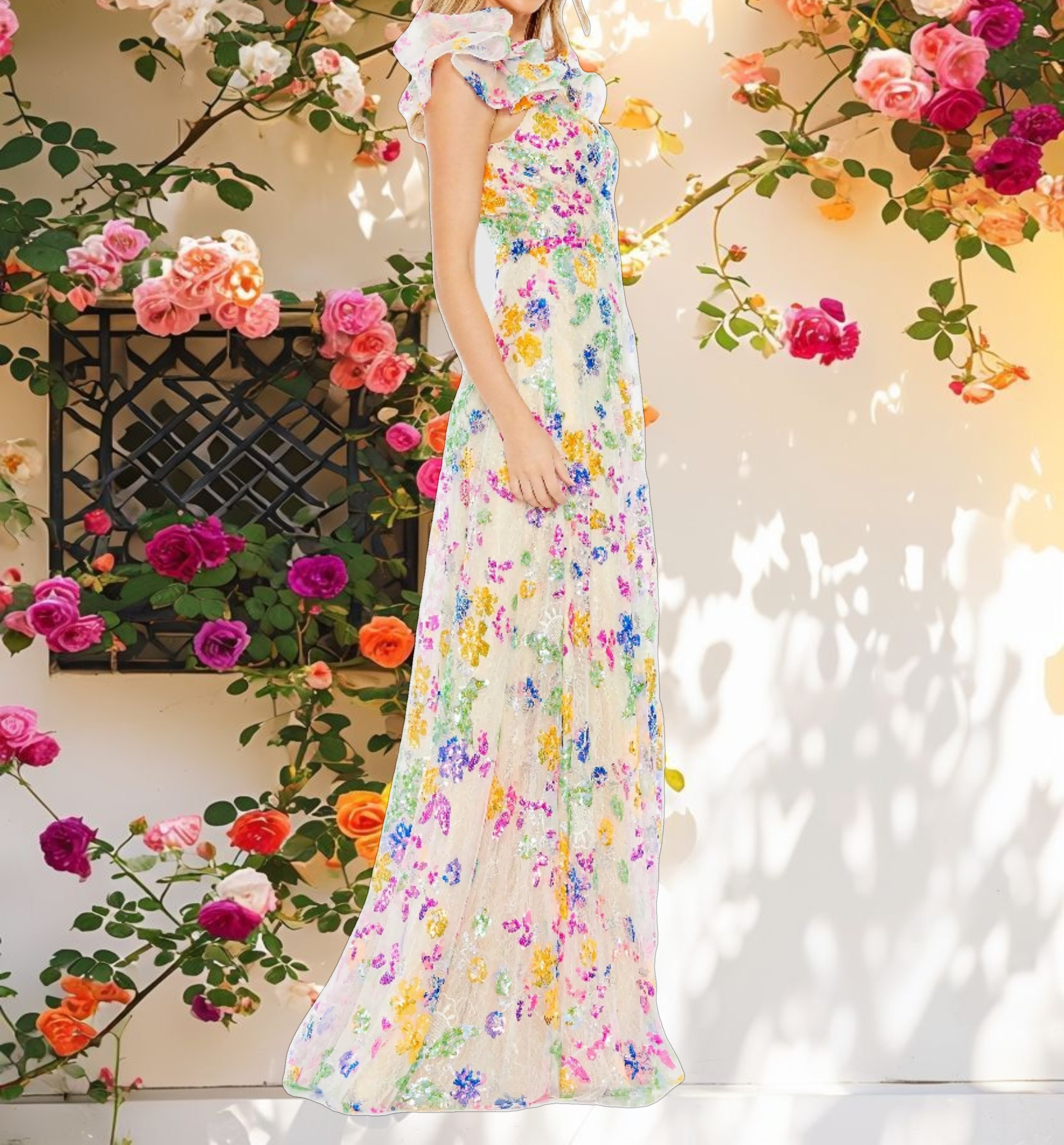 Floral Sequin Embellished Ruffle Sleeve Gown