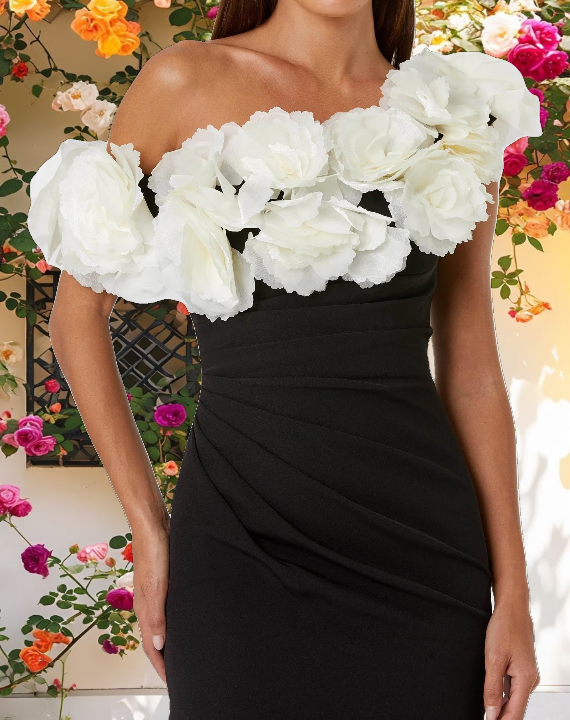 Black and White Jersey Gown With 3D Flower Off The Shoulder Detail