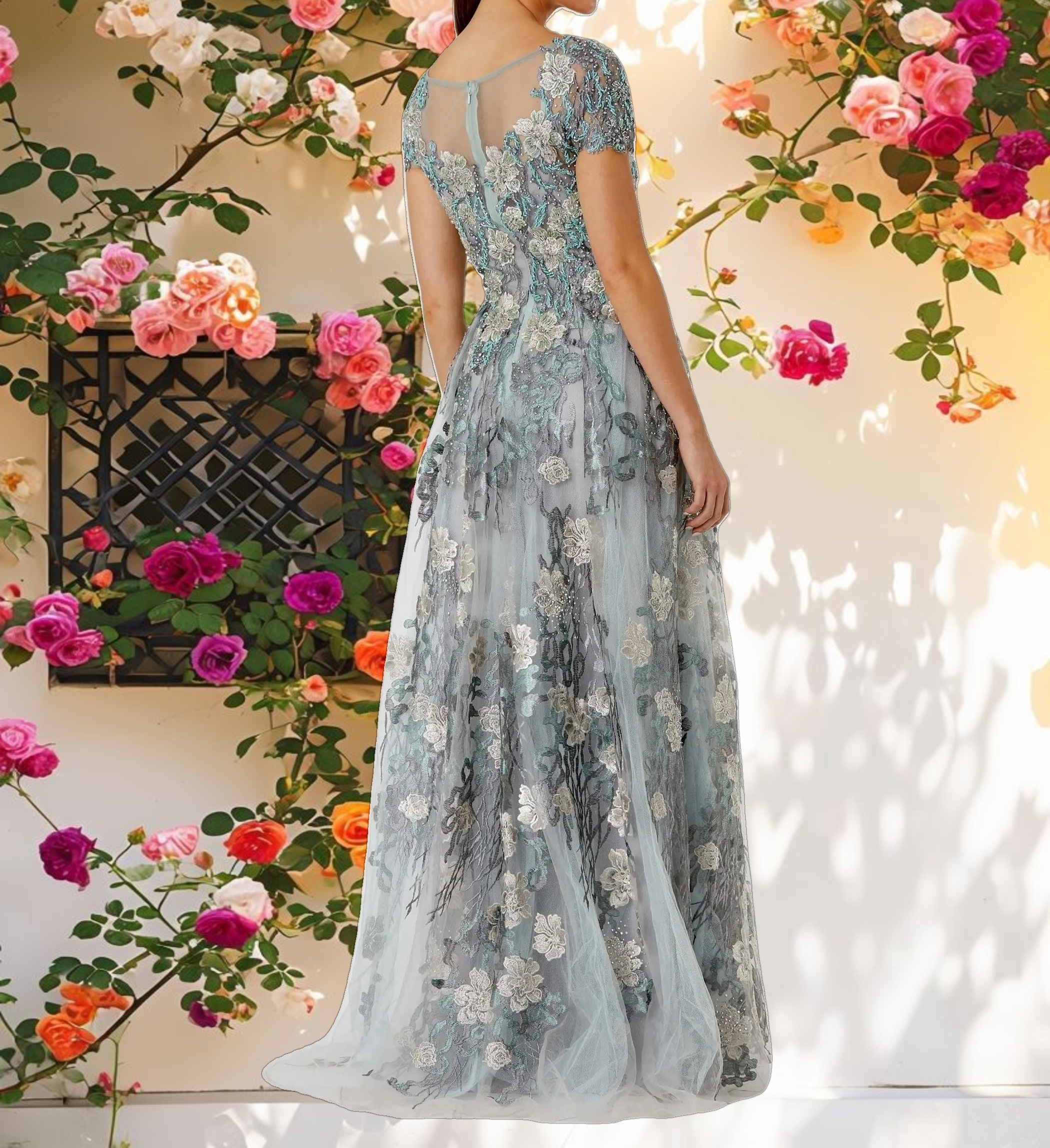 Floral Embroidered Evening Gown