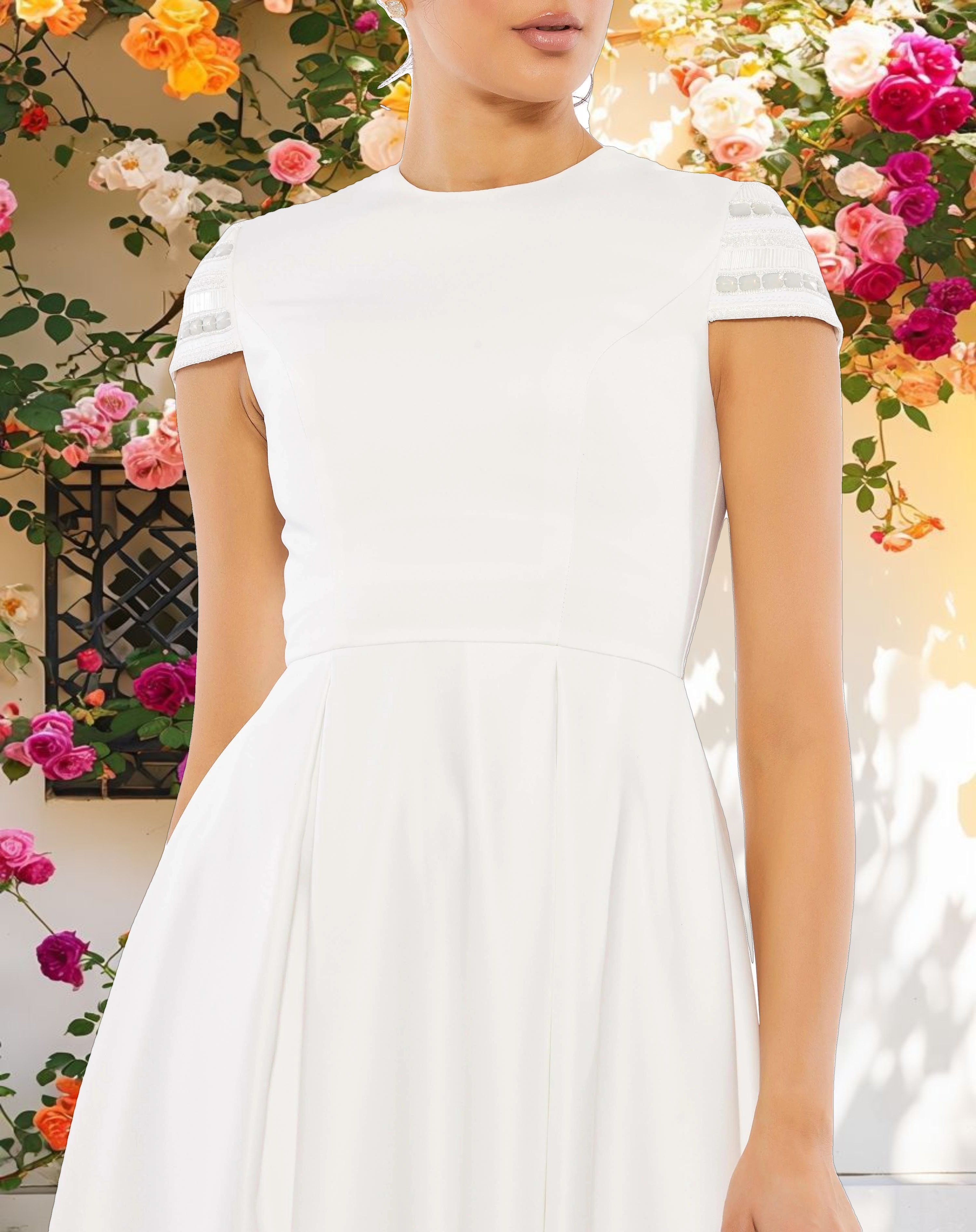 White High Neck Cap Sleeve Tea Length Dress