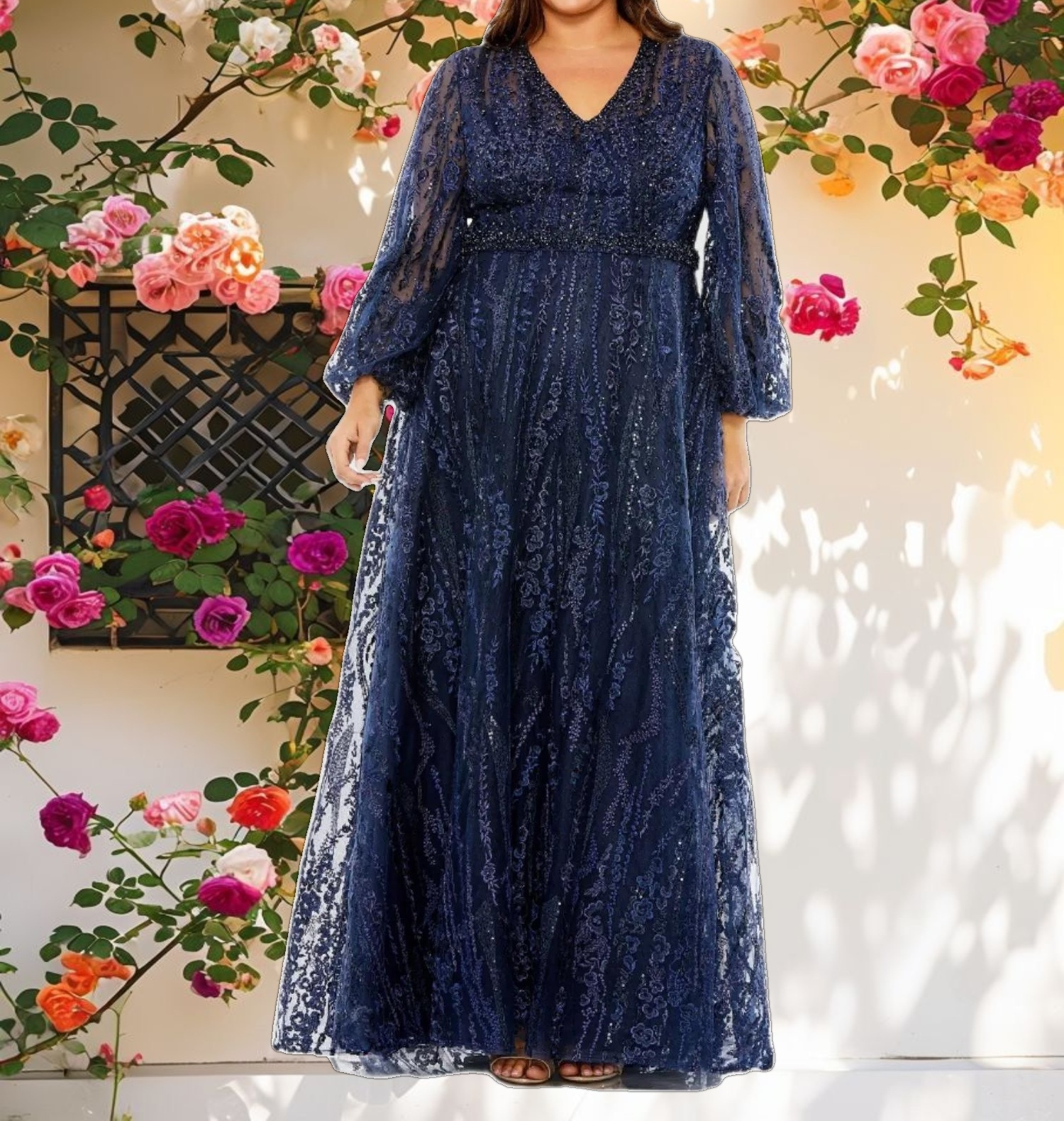 V Neck Puff Sleeve Embroidered A Line Gown