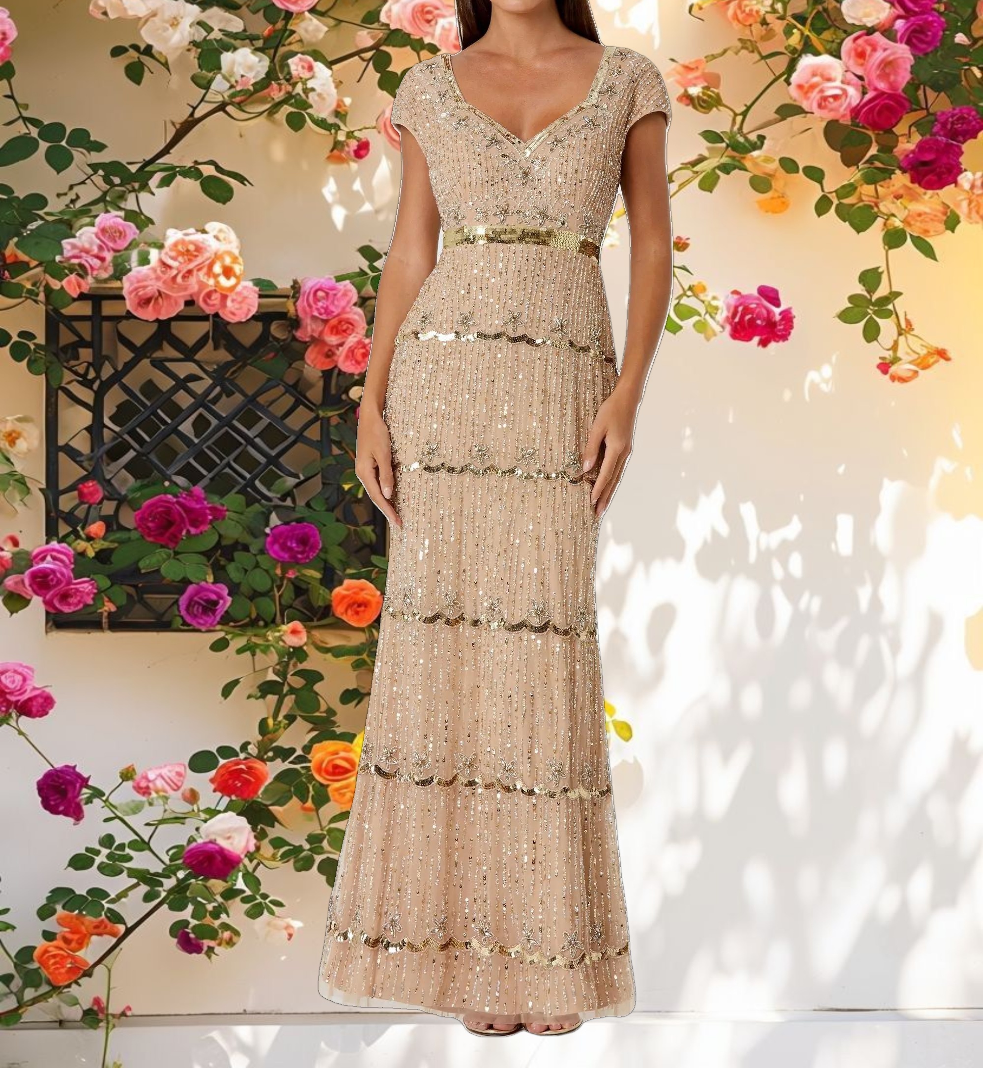 Sweetheart Neckline Beaded Sequin Column Gown