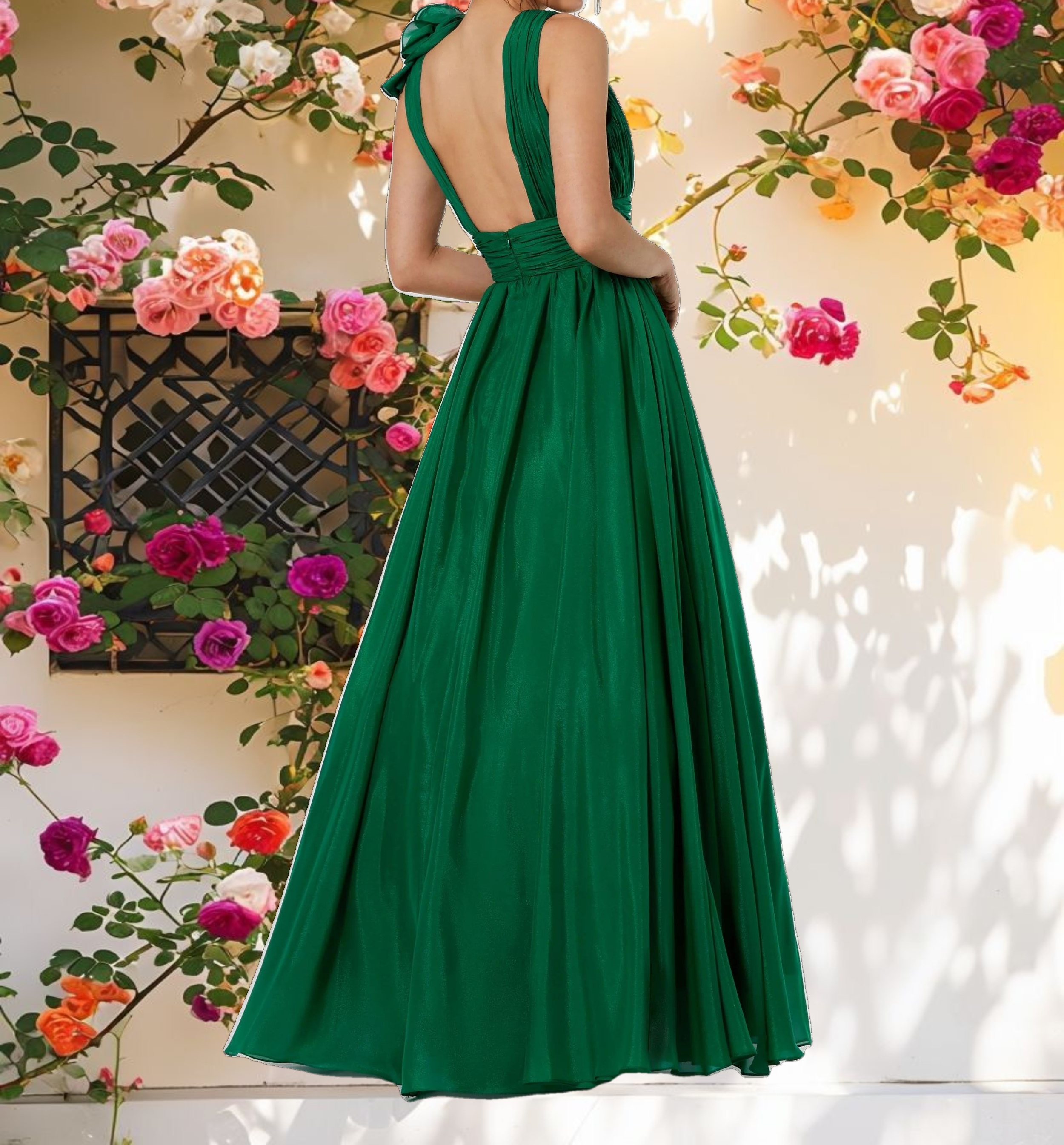 Dark Green Ruffle Shoulder V Neck Chiffon Gown