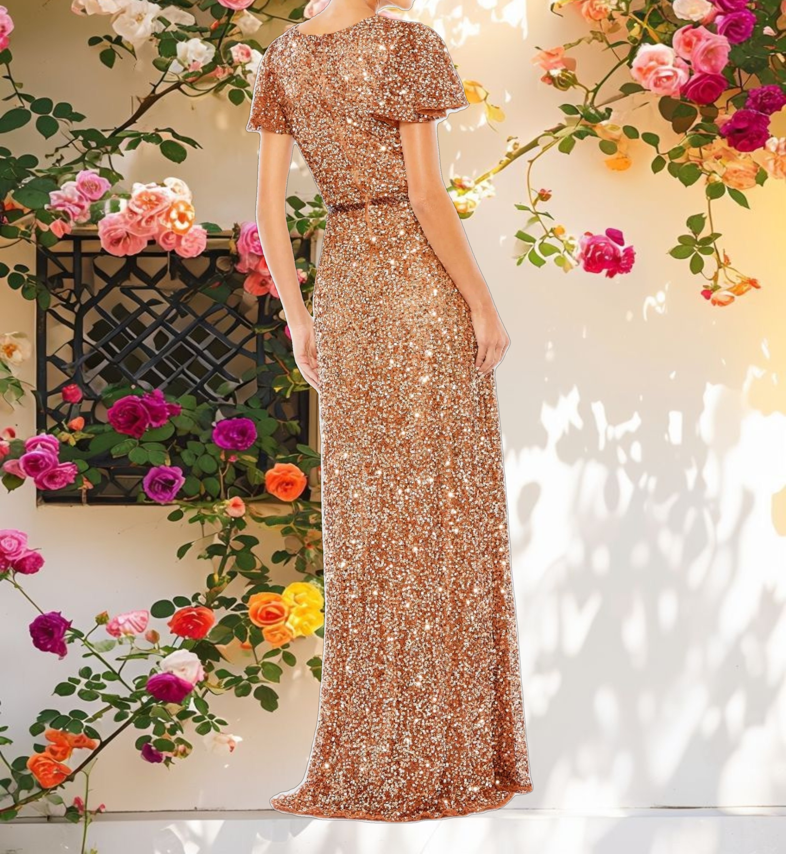 Sequin Butterfly Sleeve Draped Gown
