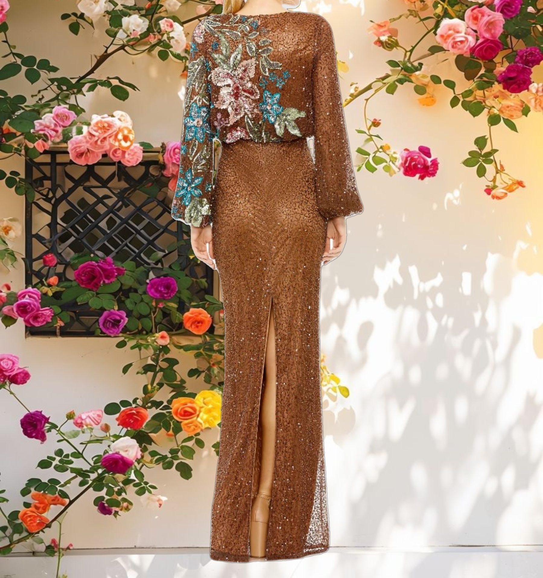 Brown Embellished Floral High Neck Gown