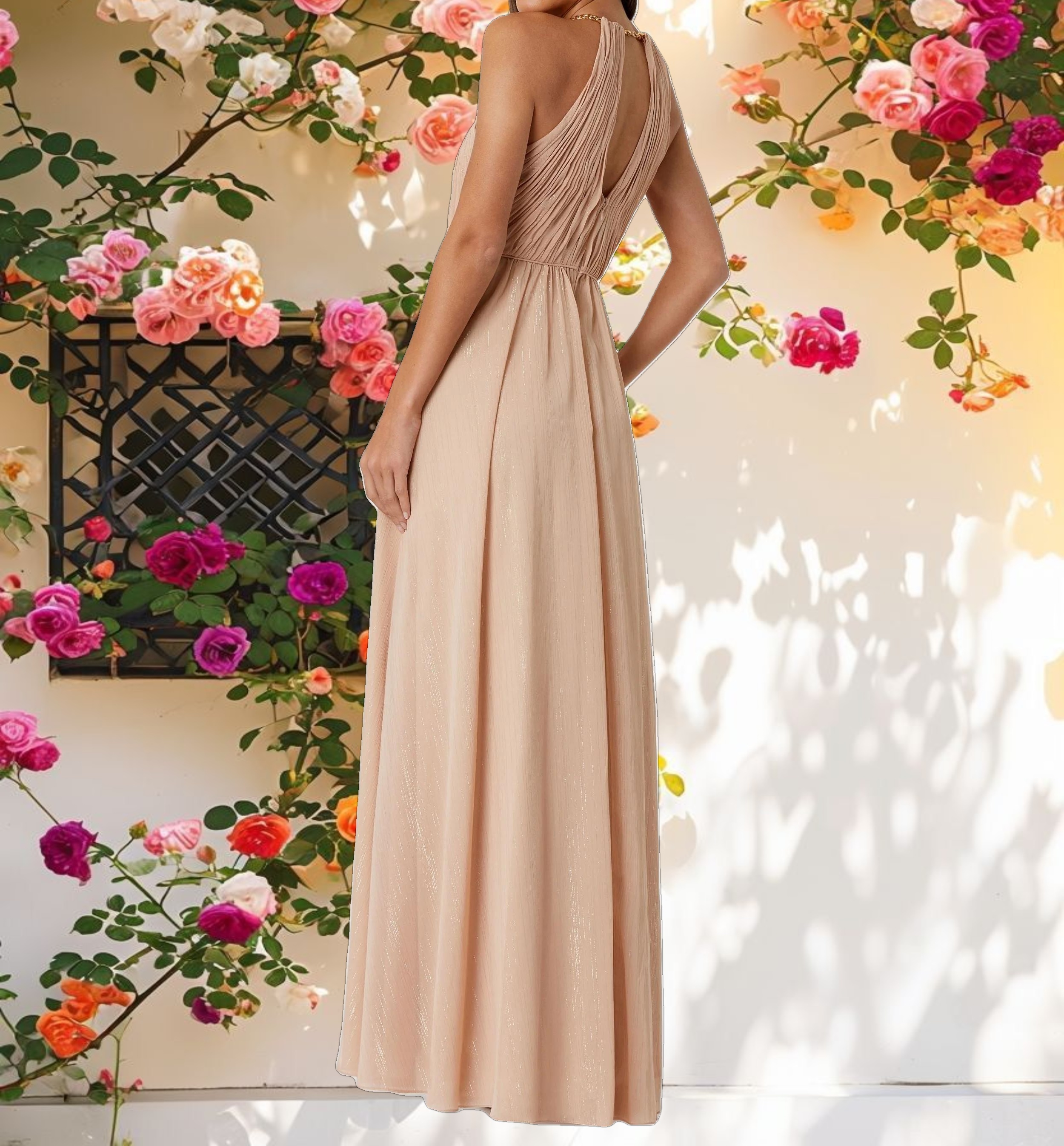 Beige Chain Trim Keyhole Halter Neck A Line Gown