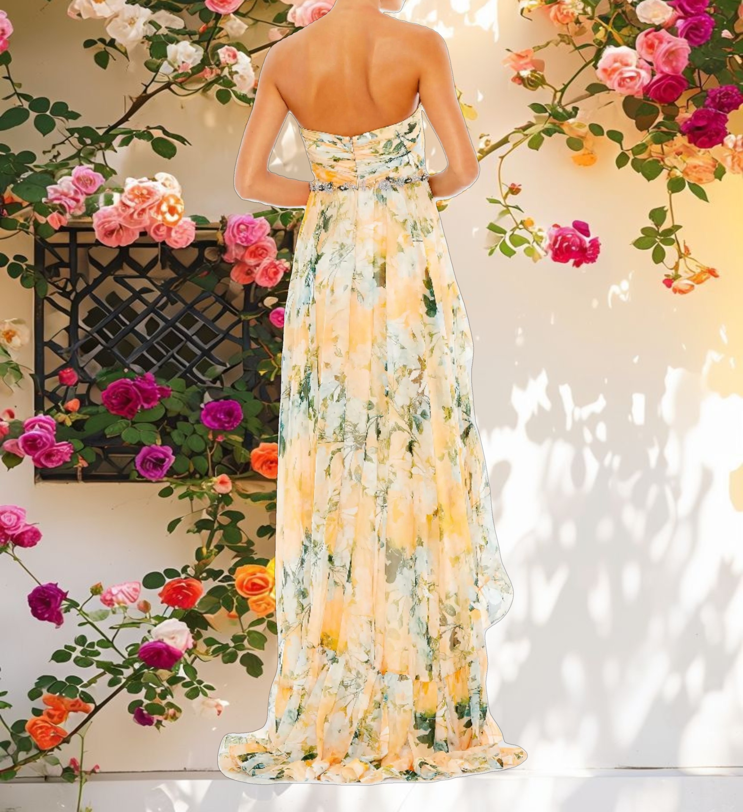 Ruffled Asymmetrical Hem Strapless Gown