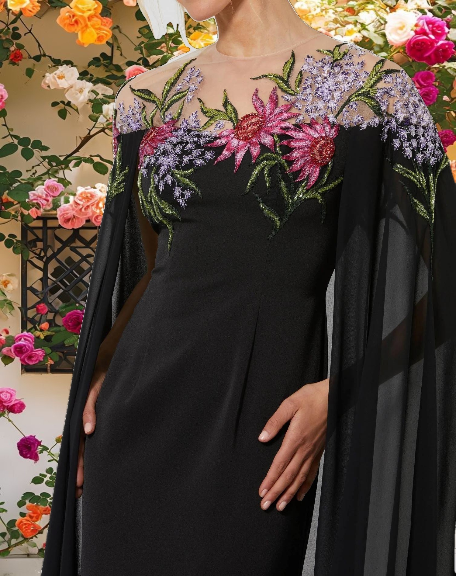 Black Sheer Cape Gown with Beaded Embroidery