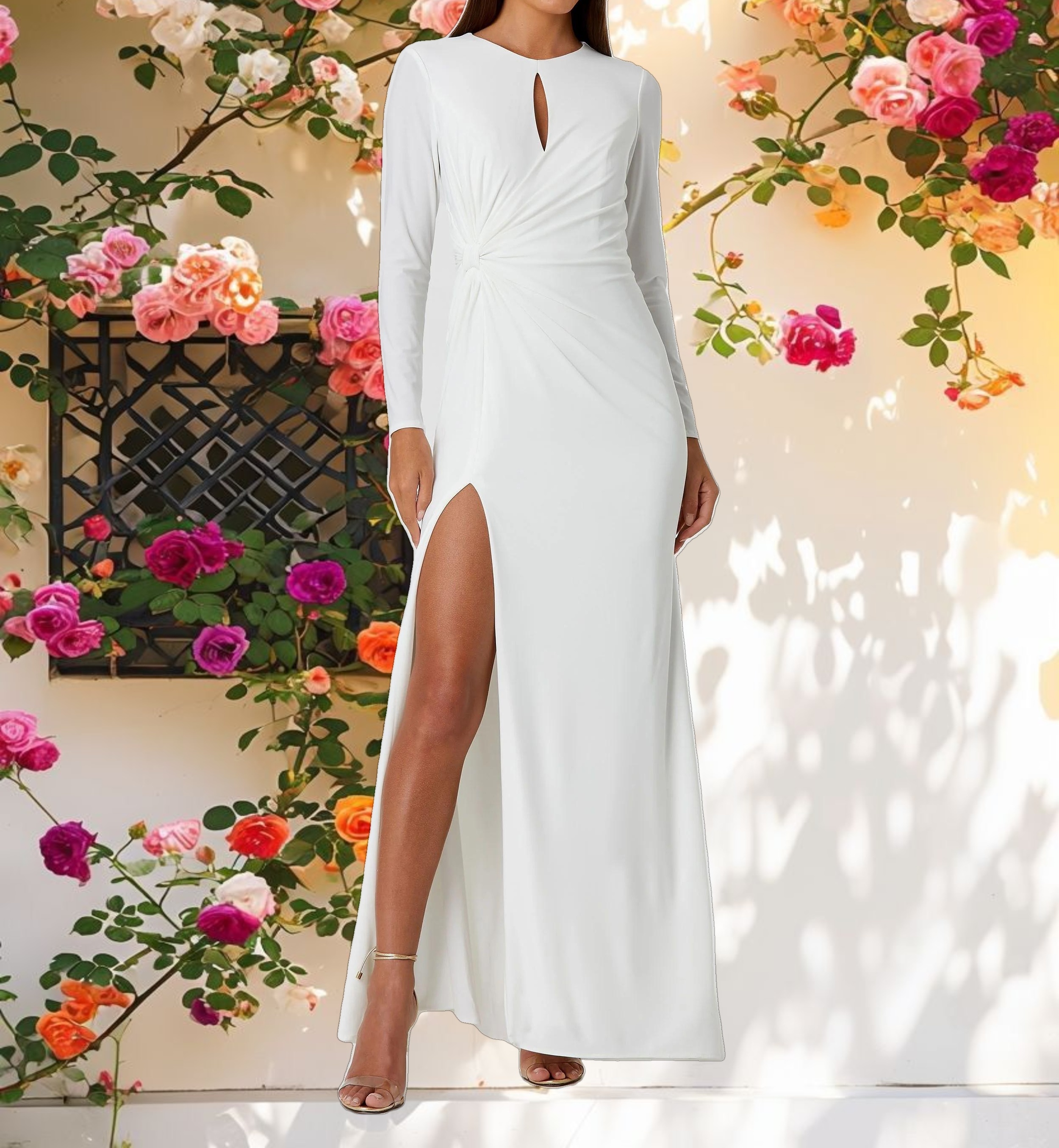 White Long Sleeve Keyhole Draped Gown