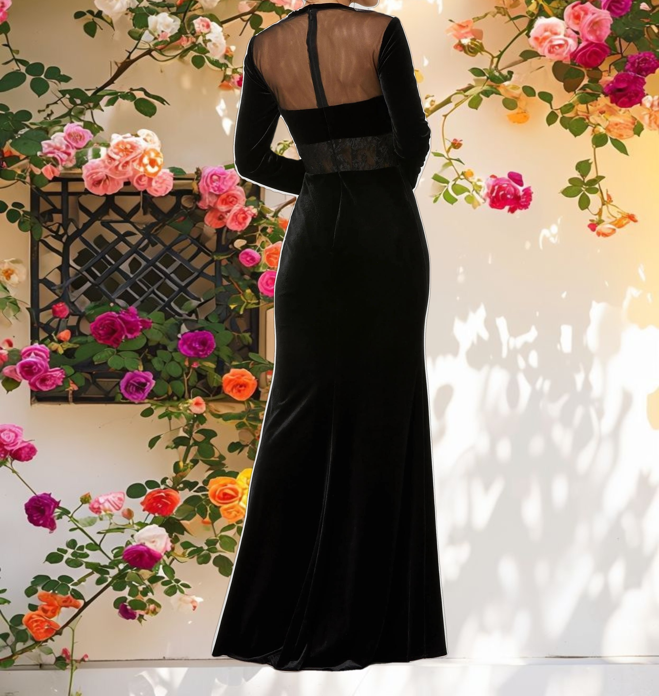 Black Long Sleeve Sheer Top Lace Bustier Gown
