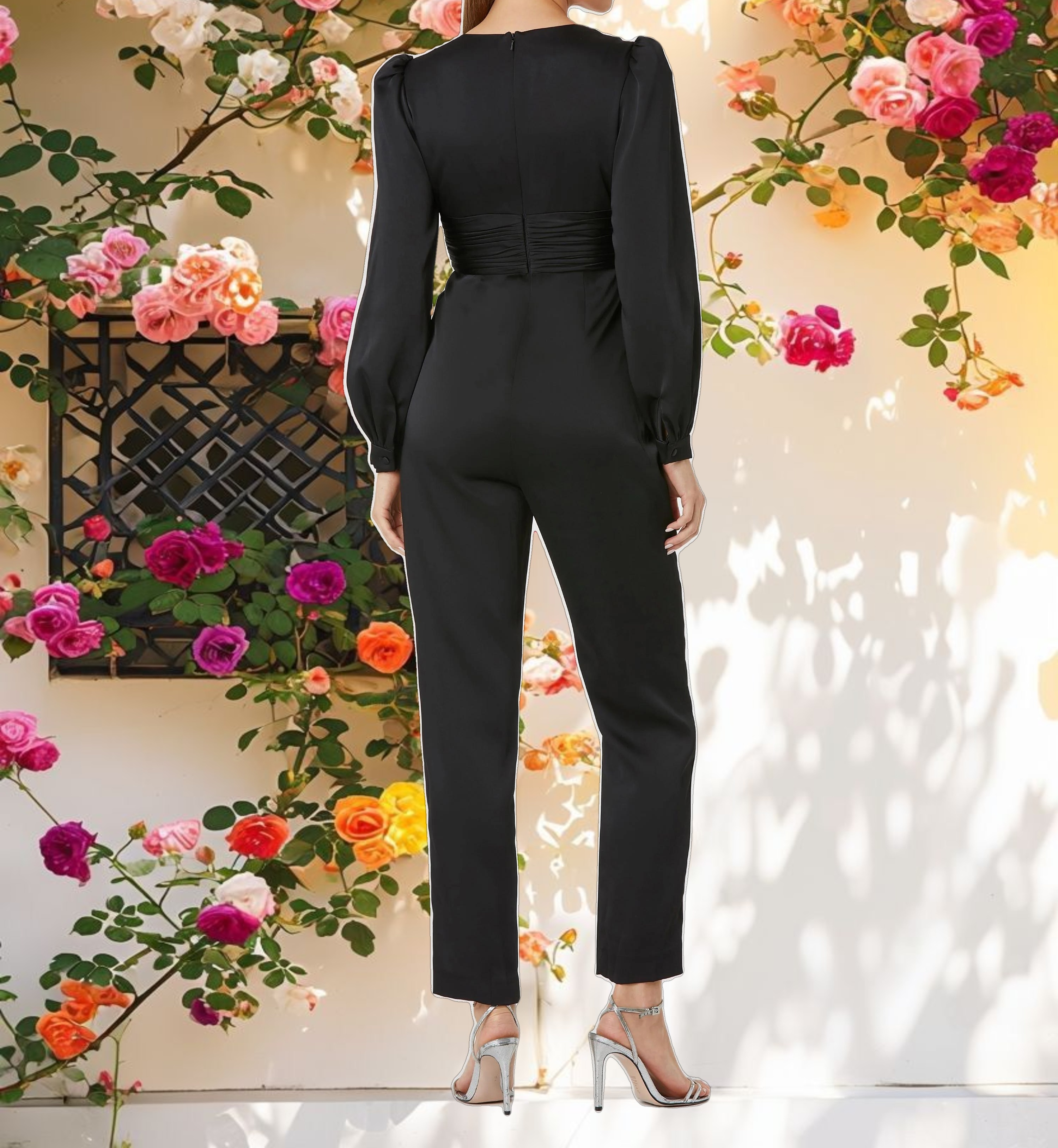 Black Front Twist Puff Sleeve Deep V Jumpsuit