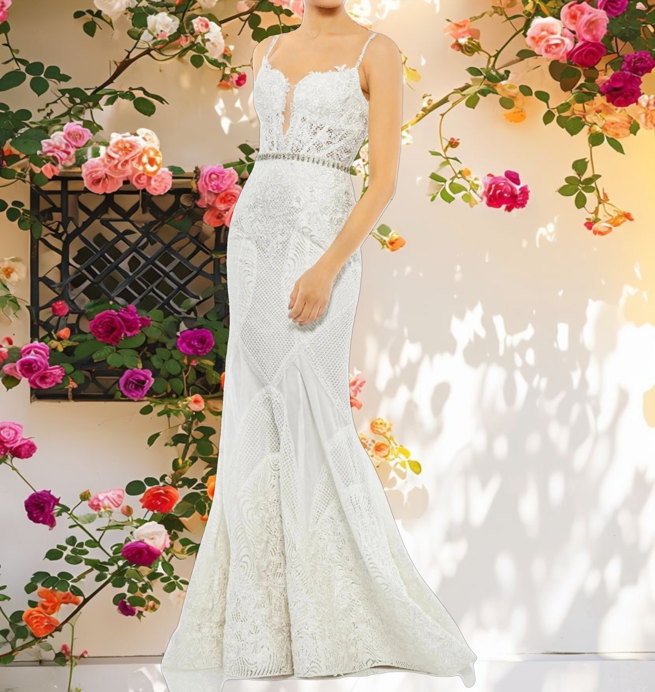 White Embroidered Sleeveless Plunge Neck Trumpet Gown