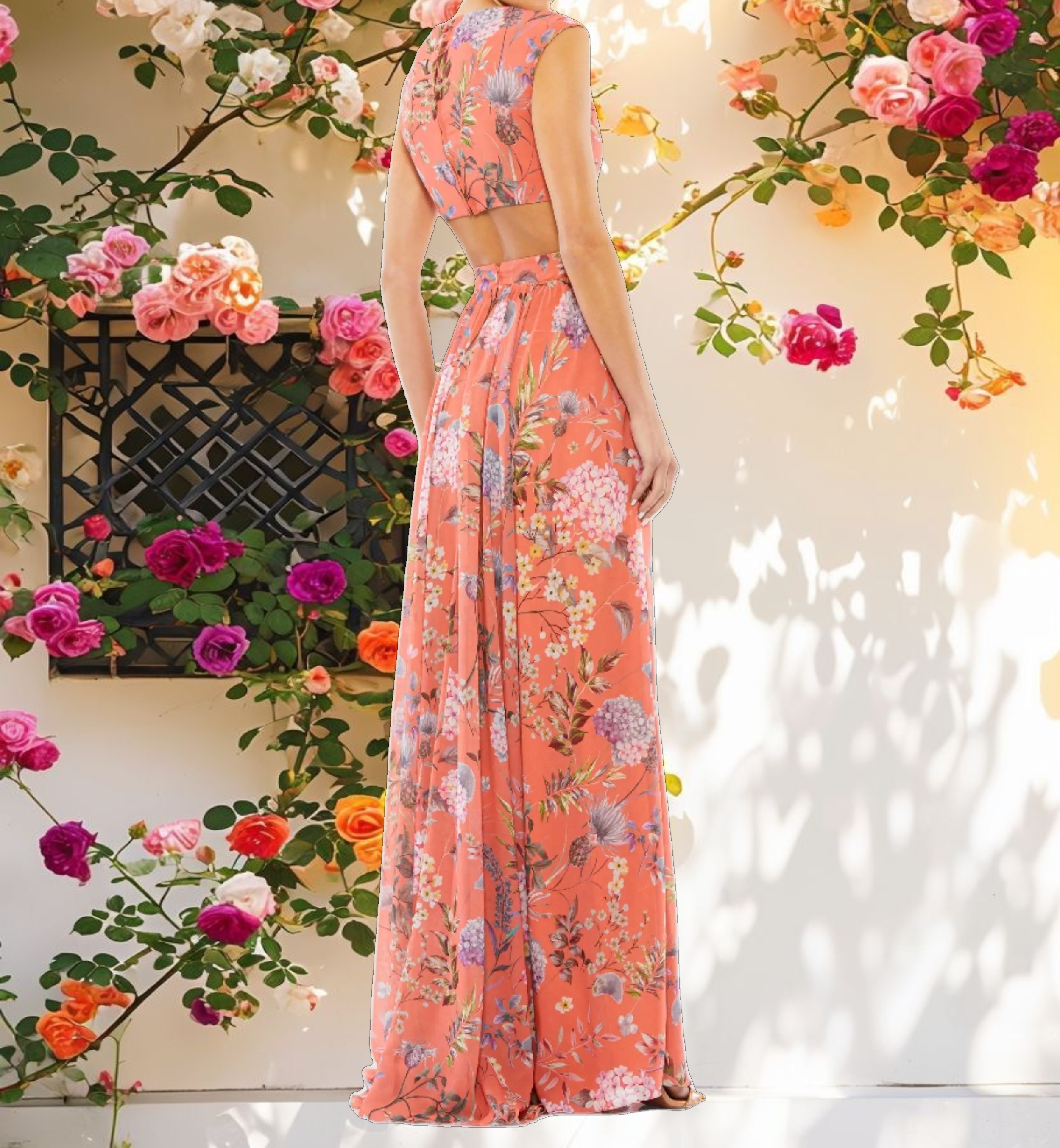 Floral Print V Neck Cap Sleeve Gown