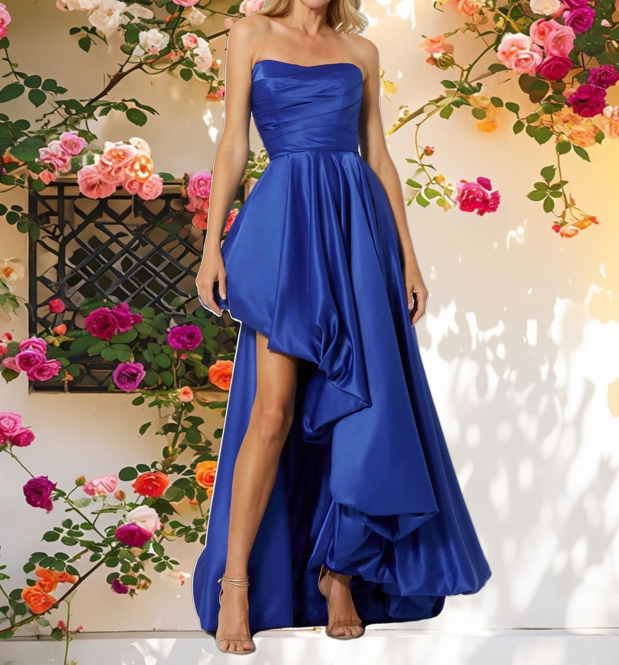 Blue Ruched High Low Gown