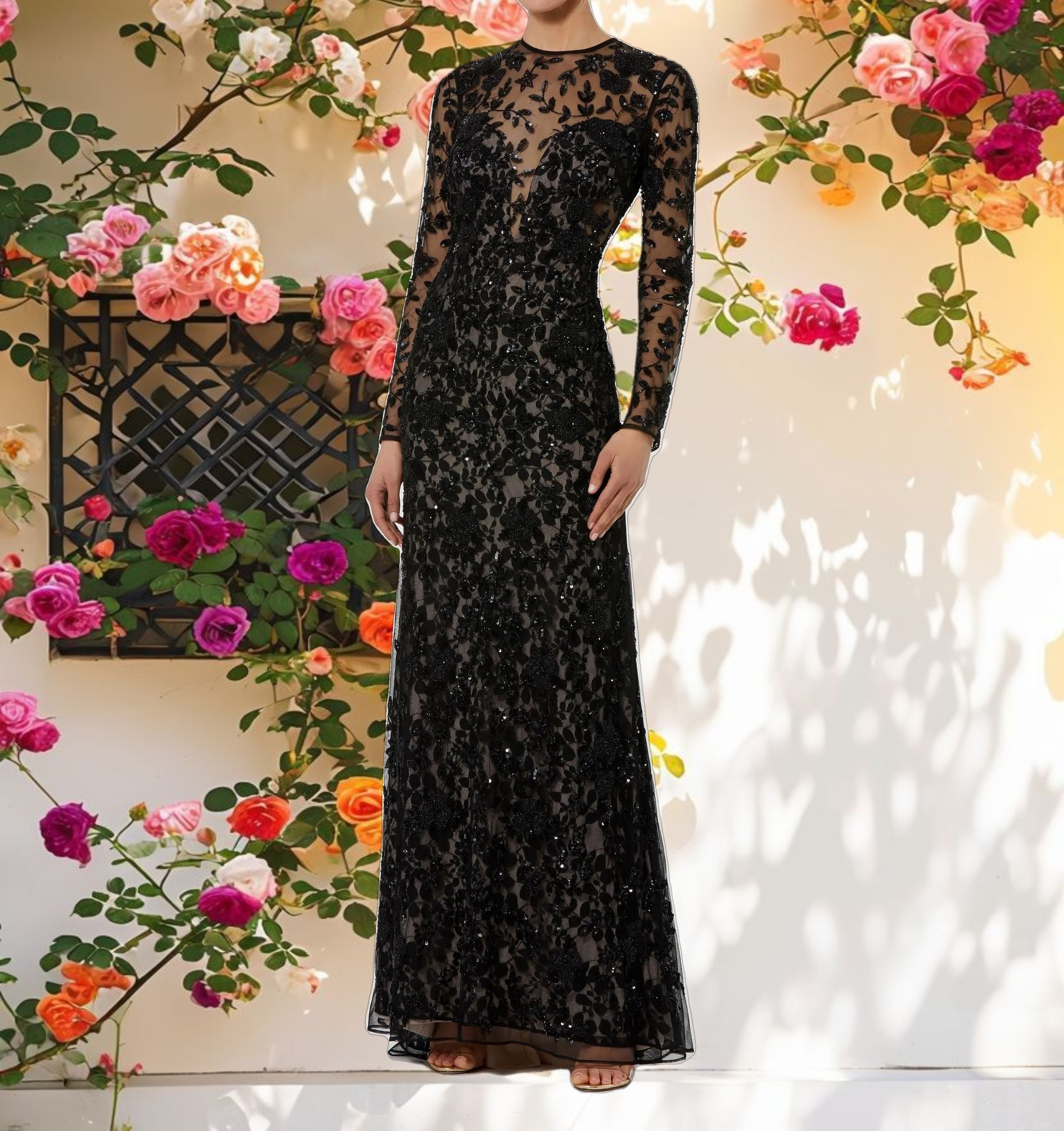 Long Sleeve Floral Embellished Gown
