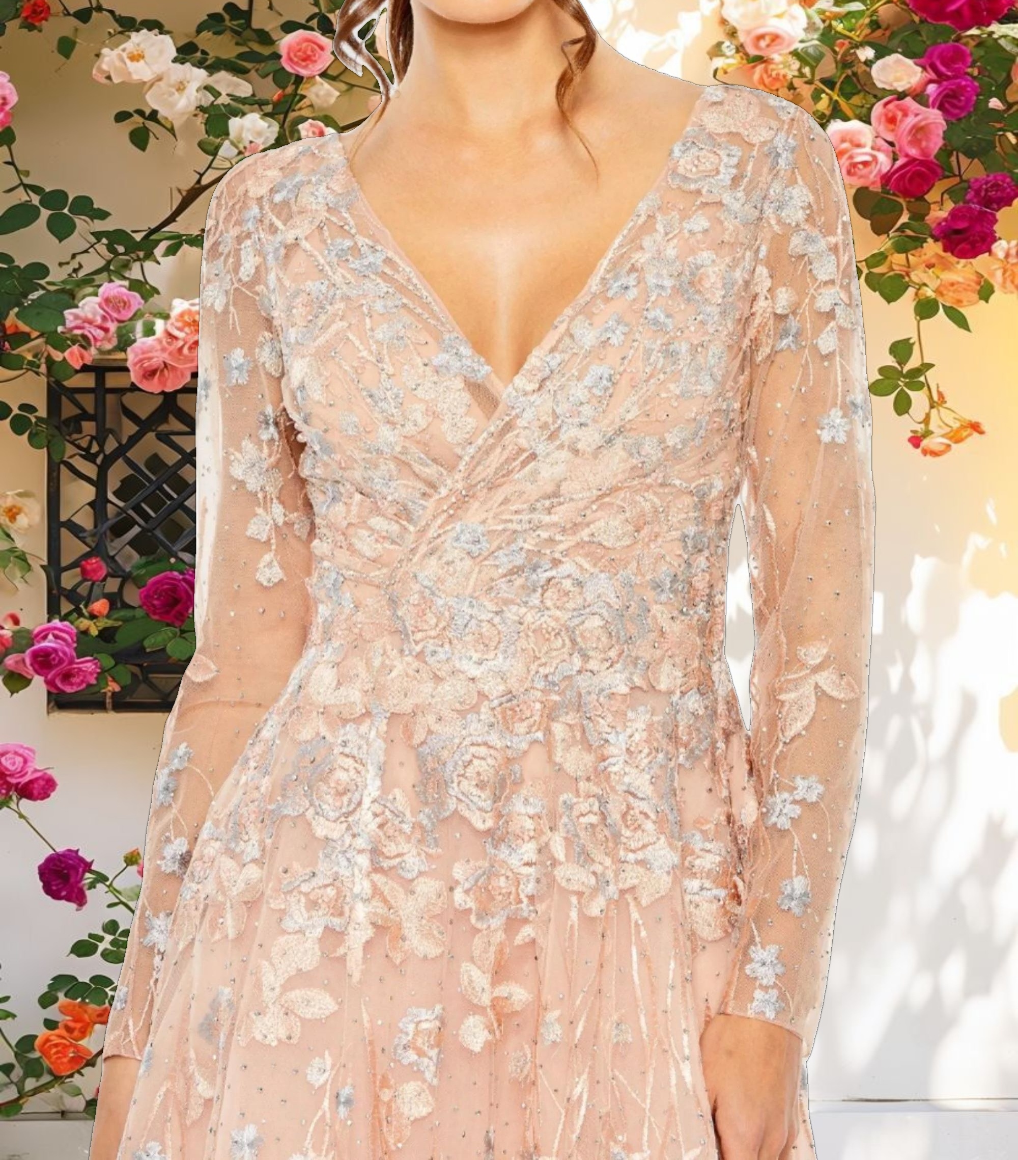 Stitched Fabric Wrap Over Illusion Long Sleeve A Line Gown Red