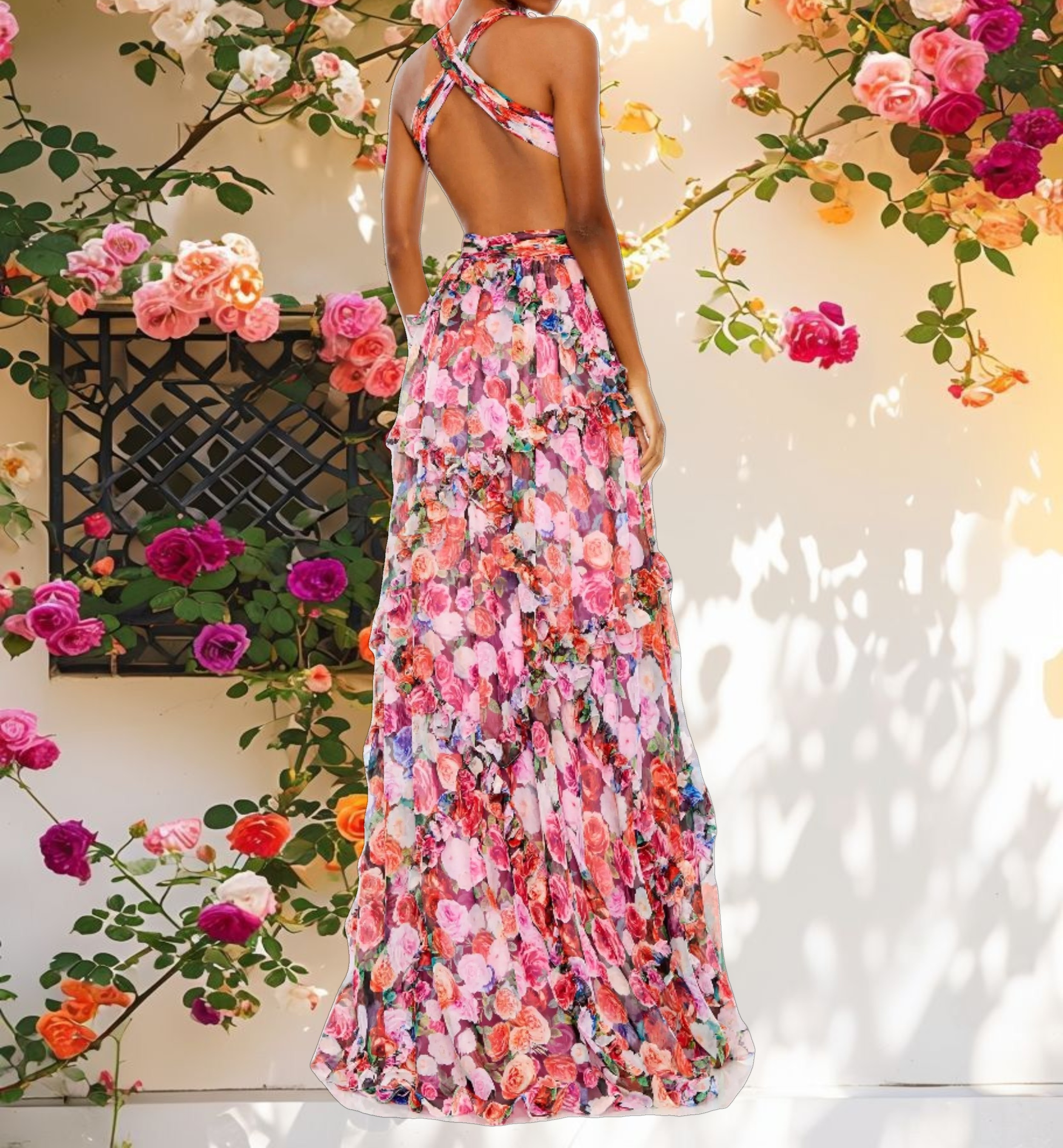 Multicolored Ruffled Open Sleeveless Dress