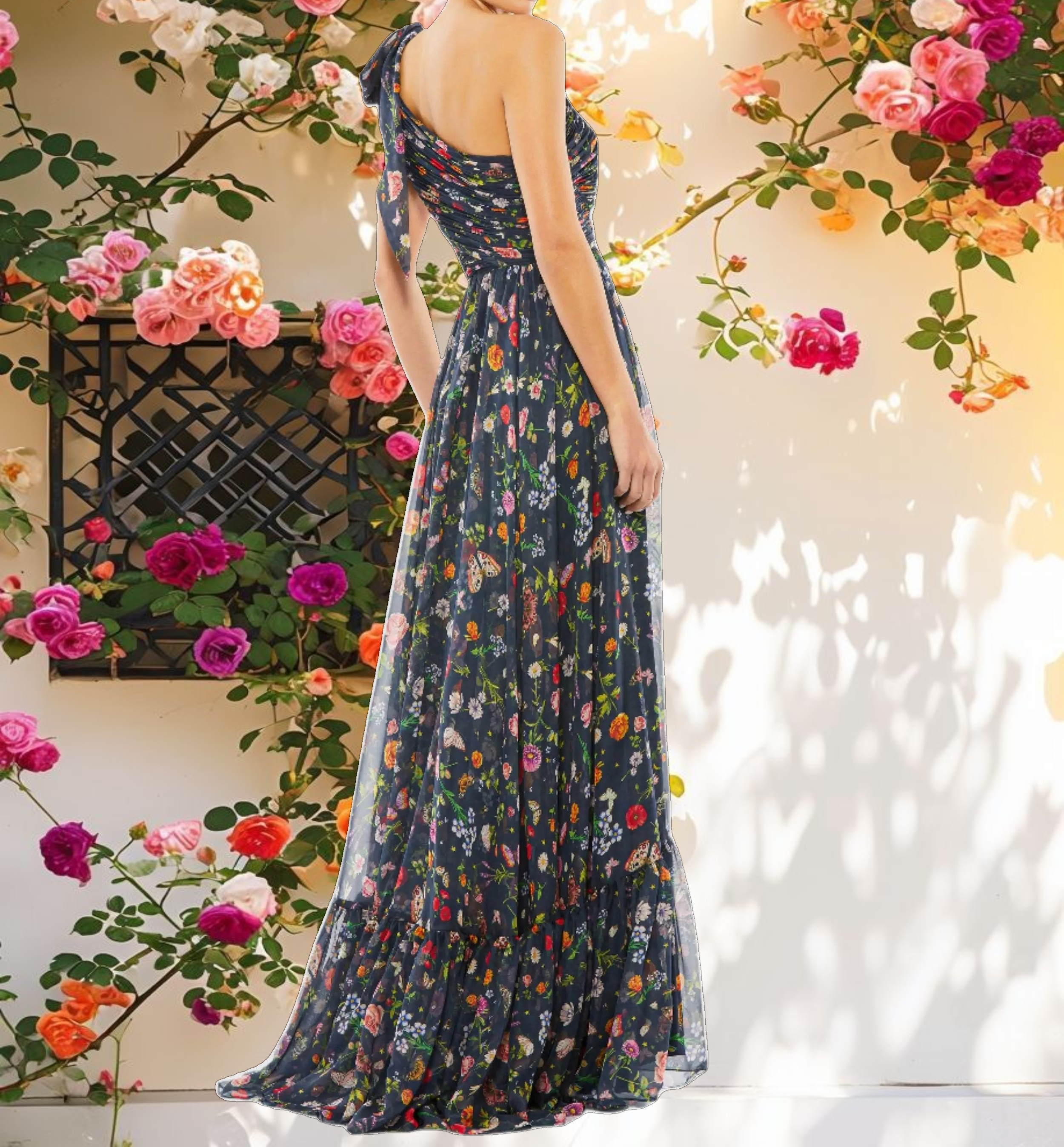 Blue Tied Open Shoulder Flowy Dress