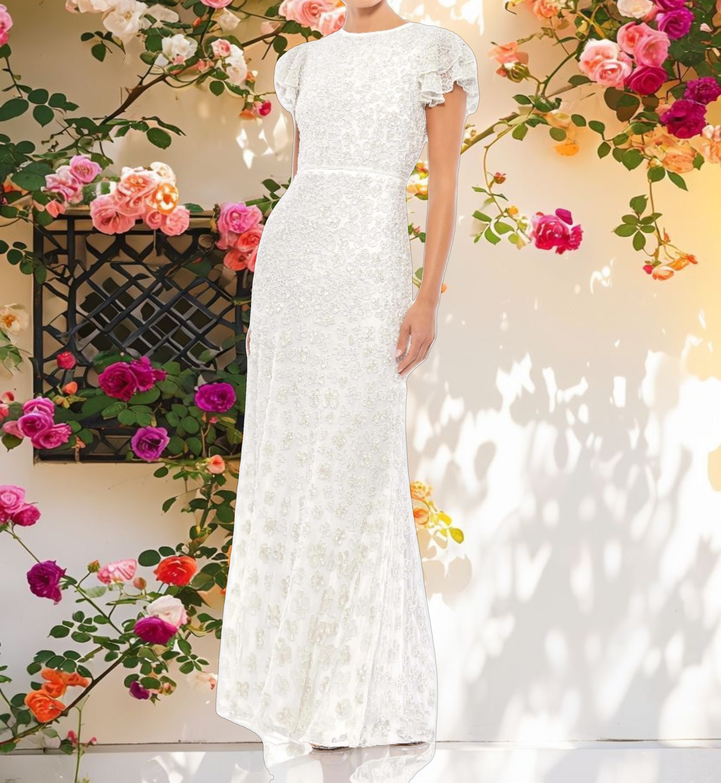 Flutter Cap Sleeve Evening Gown