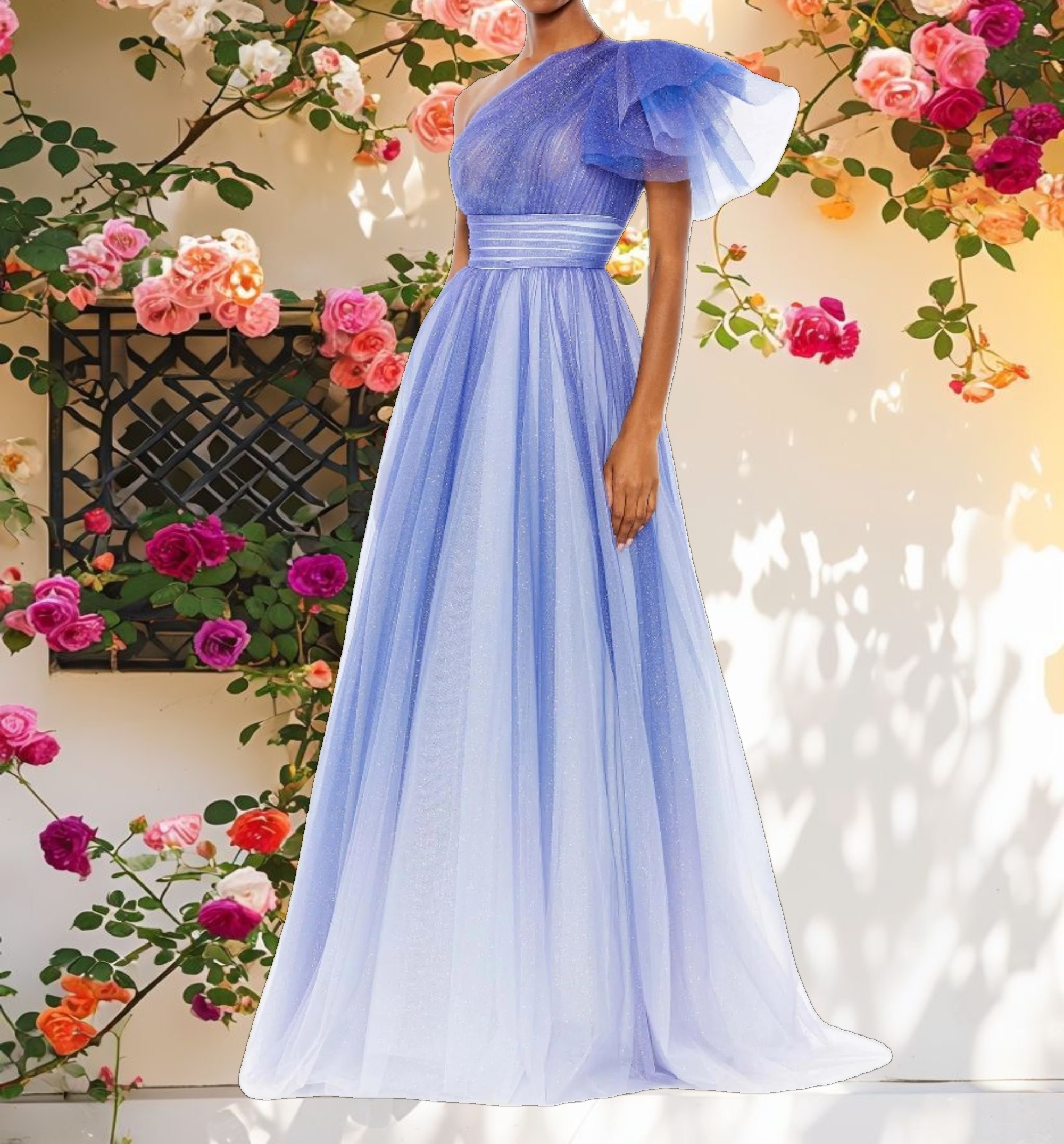 Shimmer Gradient Ruffled One Shoulder Gown