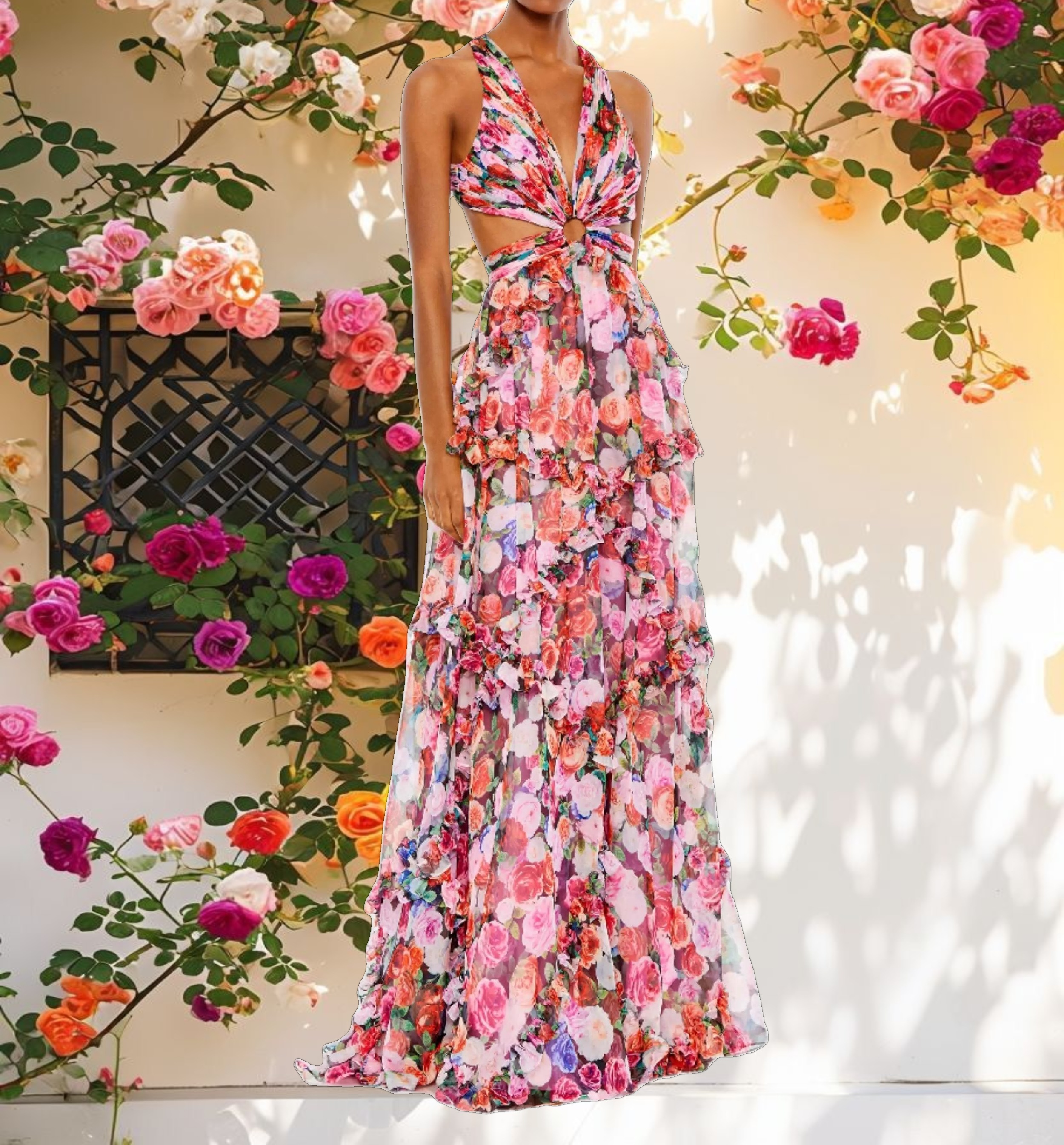 Multicolored Ruffled Open Sleeveless Dress